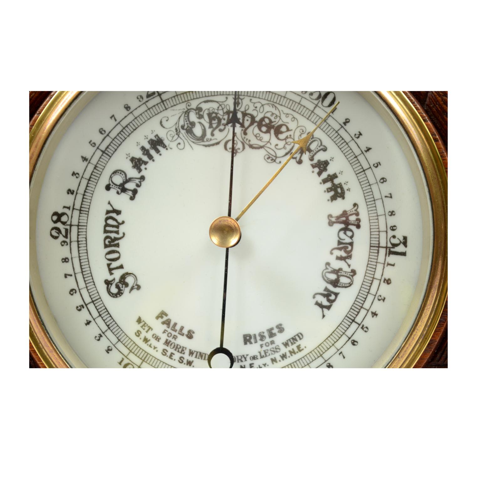 Antique Nautical English Aneroid Barometer XIX Century of Oakwood Carved 2