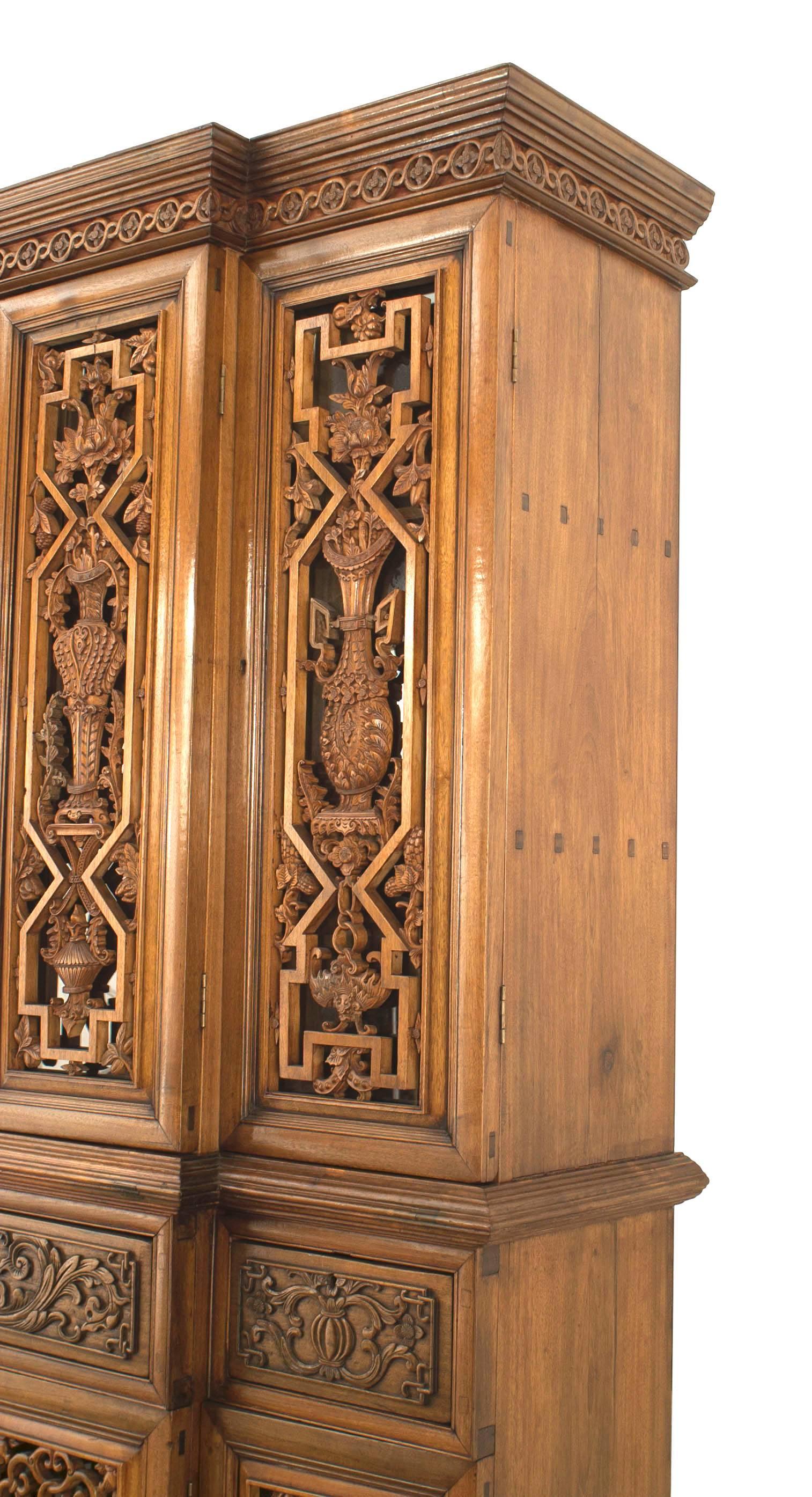 Anglo-Indian Carved Teakwood Breakfront Cabinet In Good Condition For Sale In New York, NY