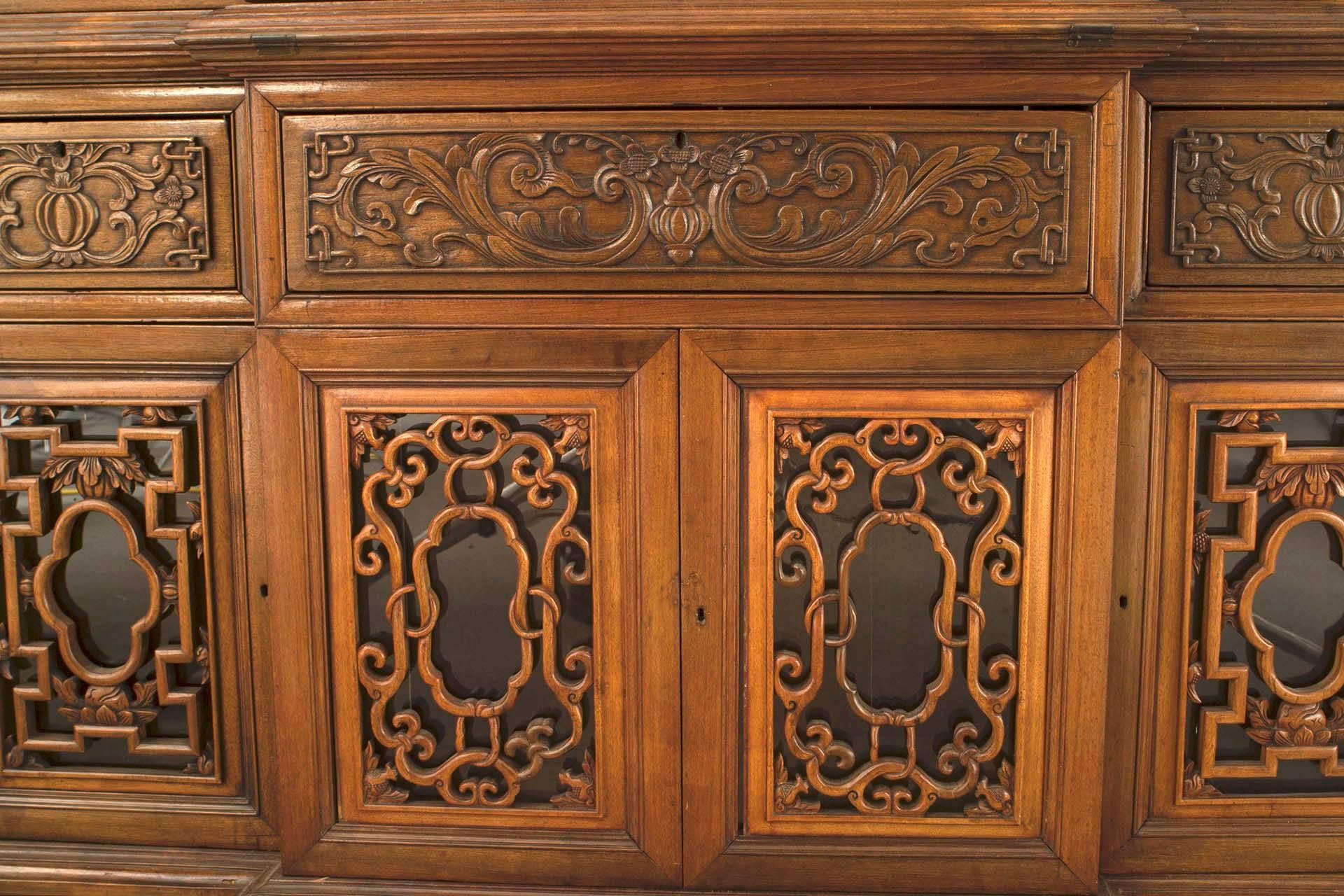 Anglo-Indian Carved Teakwood Breakfront Cabinet For Sale 1