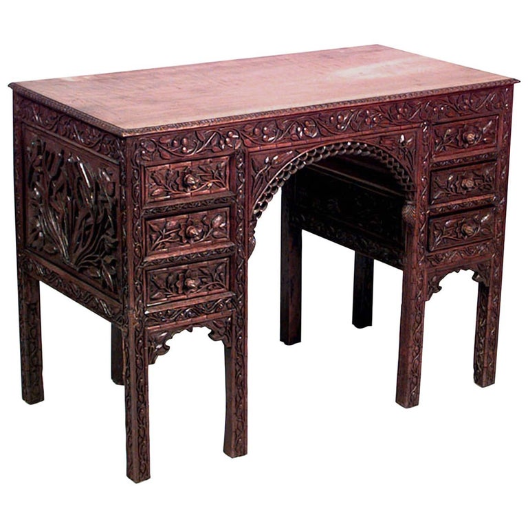 English AngloIndian Style Carved Teak Desk For Sale at 1stdibs