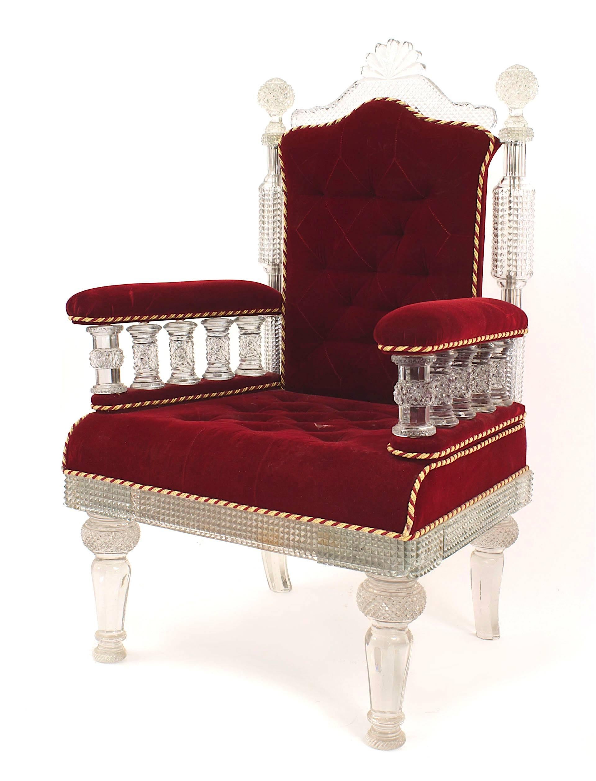 English Anglo-Indian style cut crystal chair with red velvet upholstered seat and back. (20th Century, the design taken from the Osler archive of 1880)
