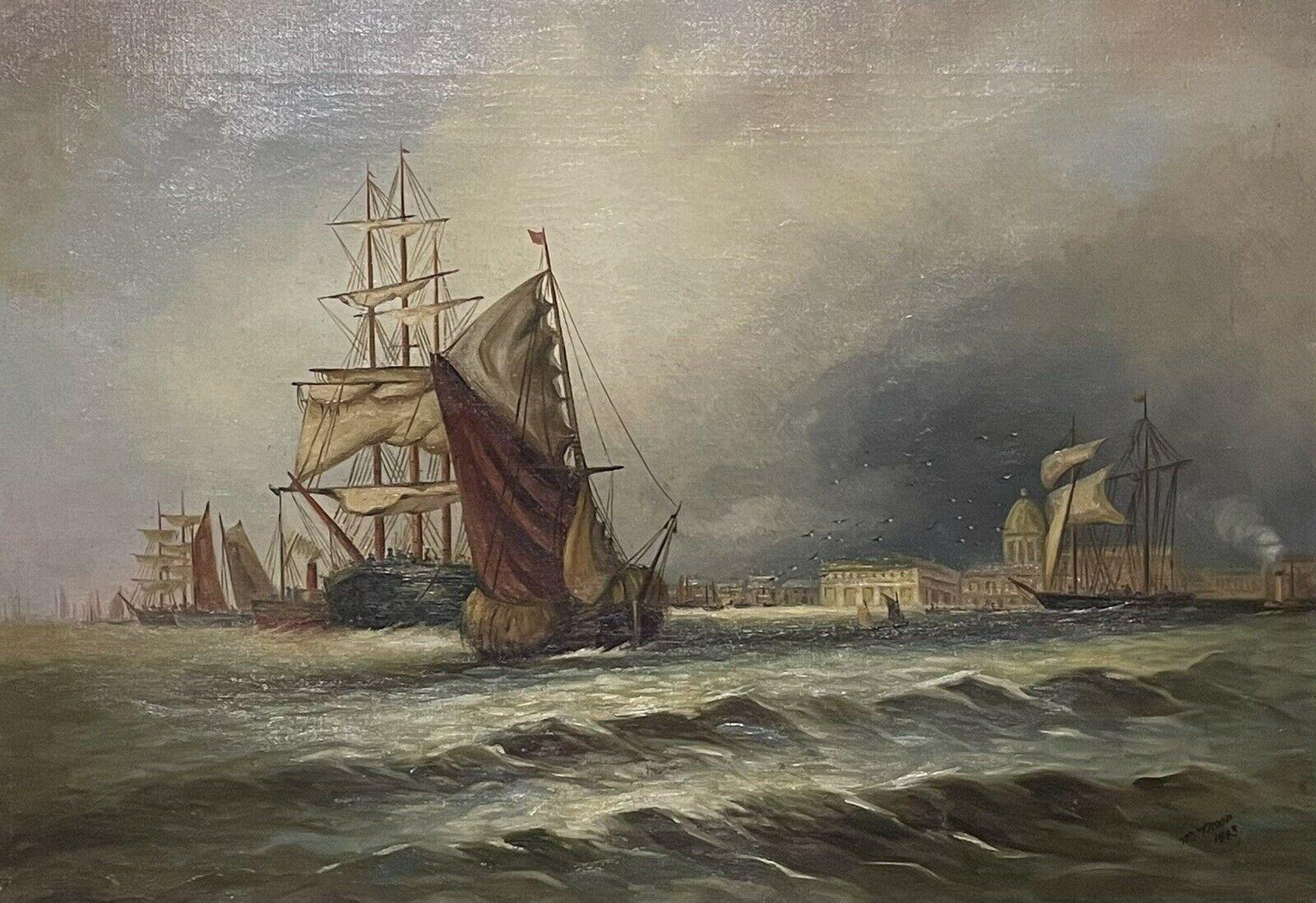 Landscape Painting English Antique - Peinture à l'huile ancienne signée et datée de 1903 - Busy Shipping River Port City Buildings