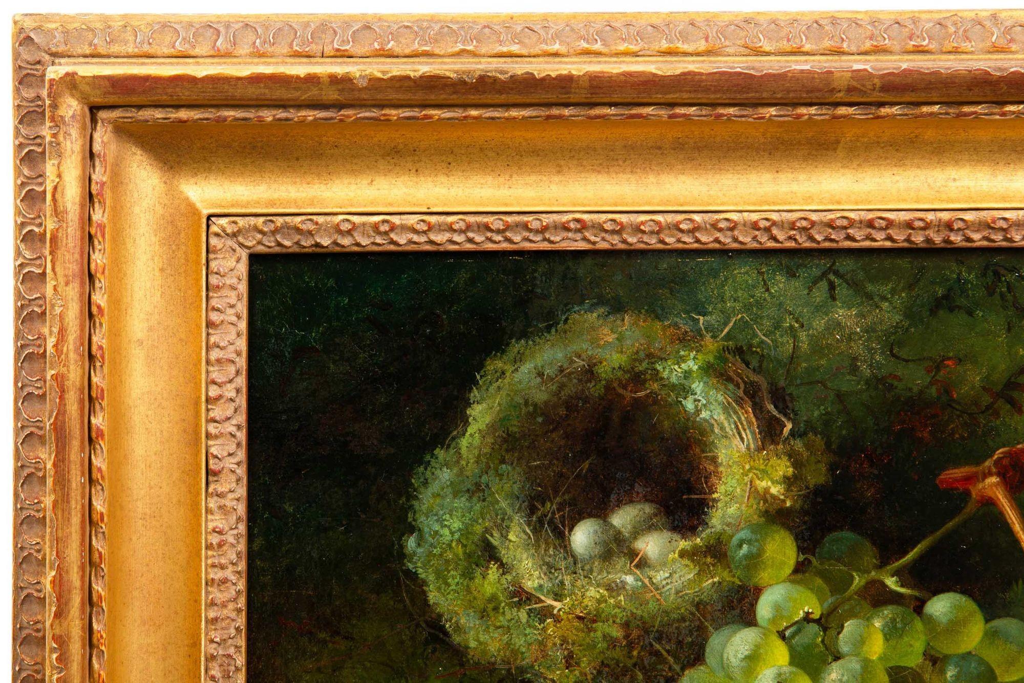 English Antique 1869 Still-Life Oil Painting of Bird’s Nest w/ Fruit by G.Broome 10