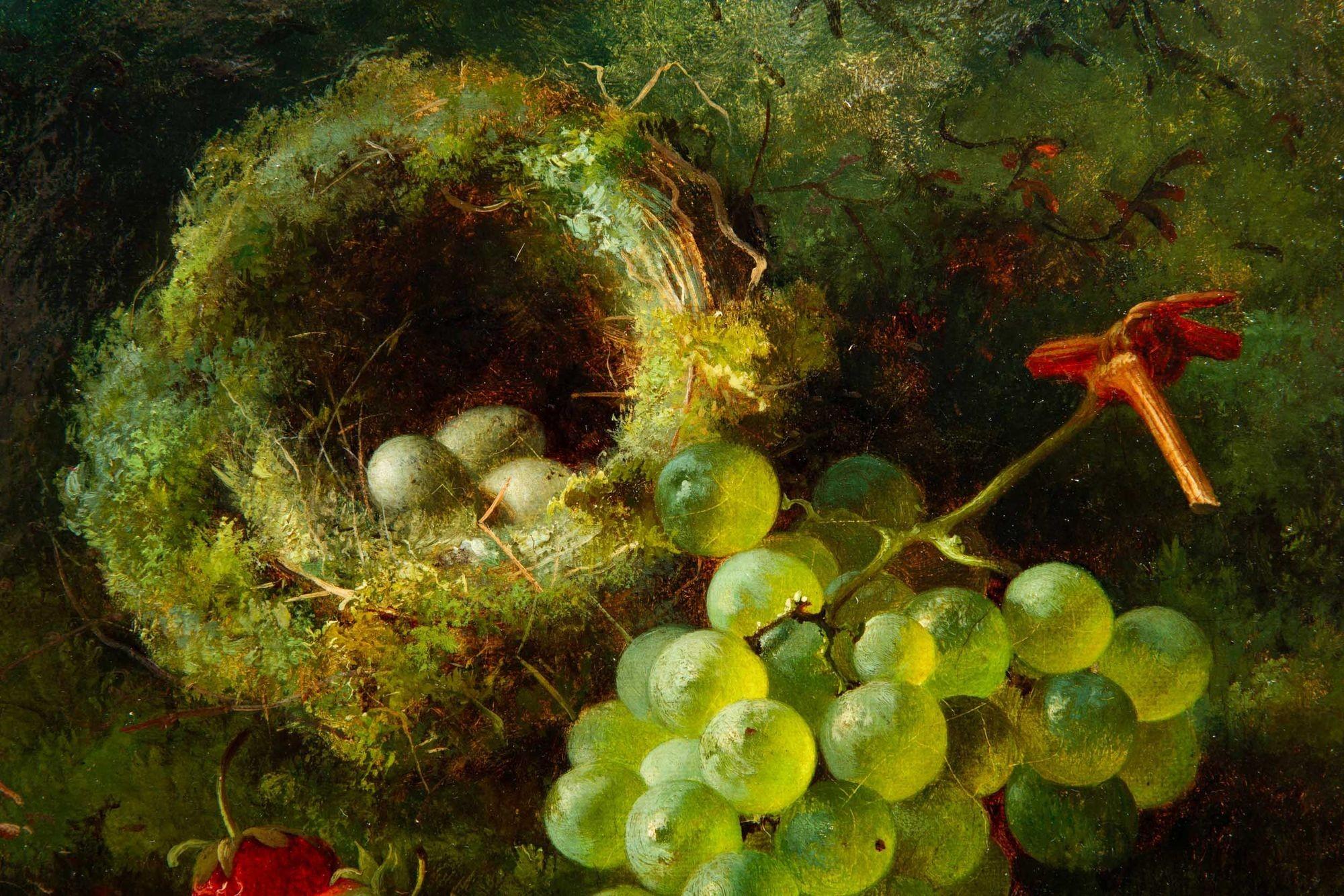 English Antique 1869 Still-Life Oil Painting of Bird’s Nest w/ Fruit by G.Broome 13