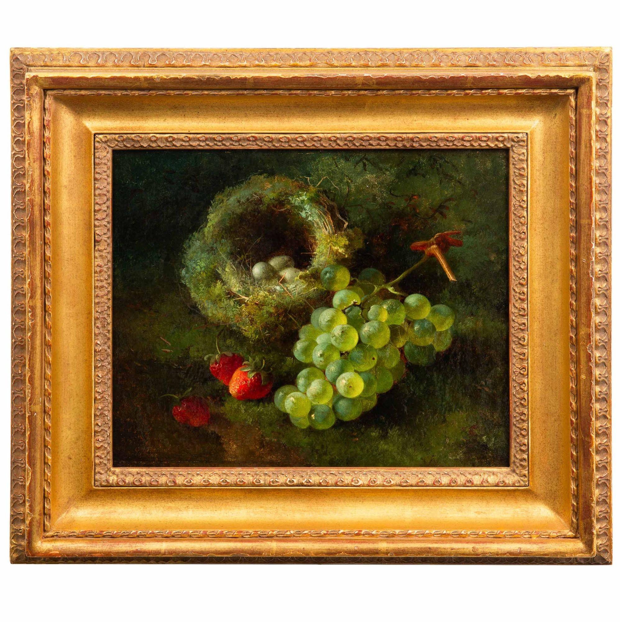 G.J. BROOME
 British, active 1867-1873  

Still-Life with Bird's Nest, Grapes and Strawberries

  Oil on canvas  contemporary giltwood frame  signed lower left 