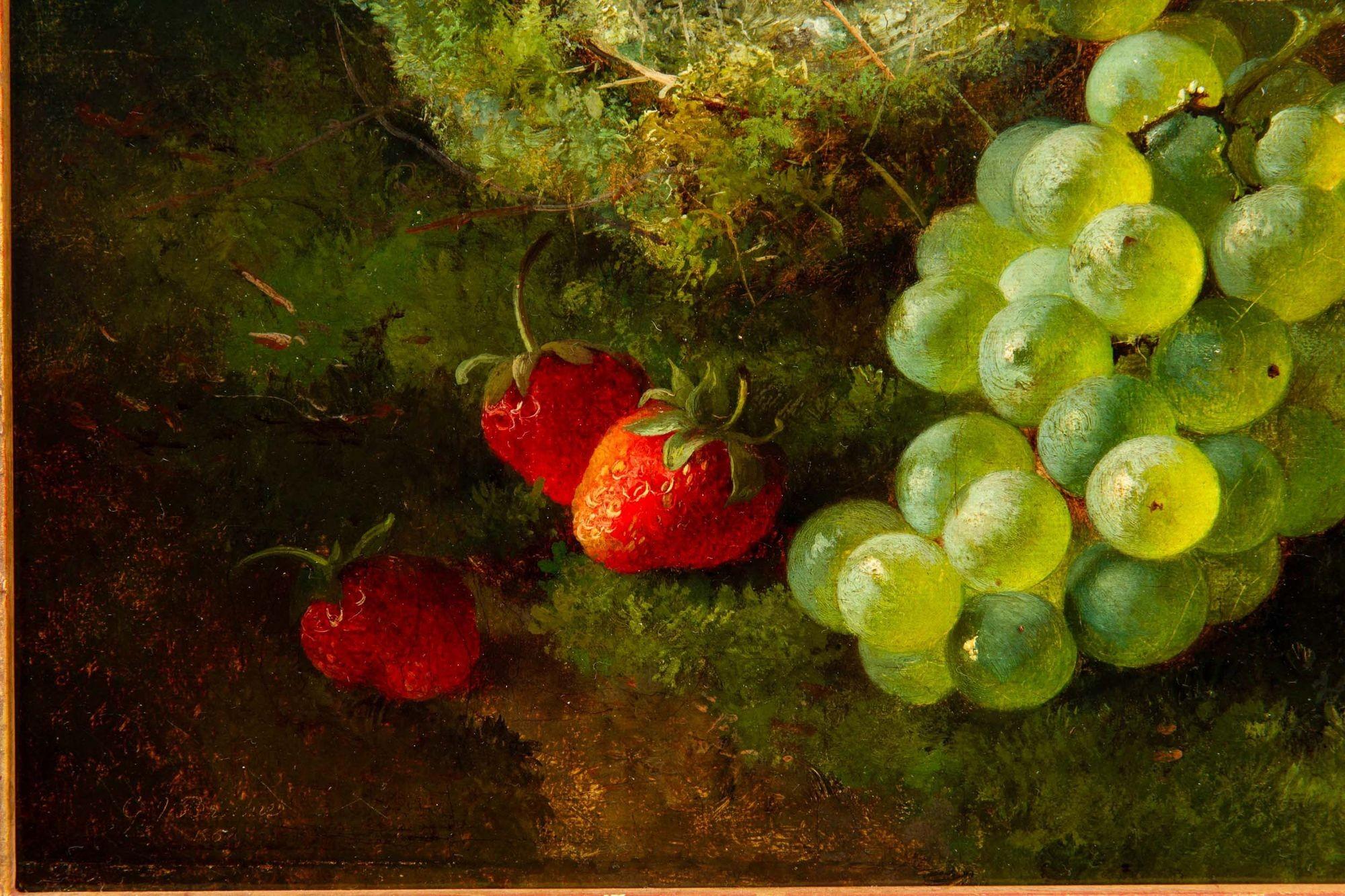 English Antique 1869 Still-Life Oil Painting of Bird’s Nest w/ Fruit by G.Broome 14