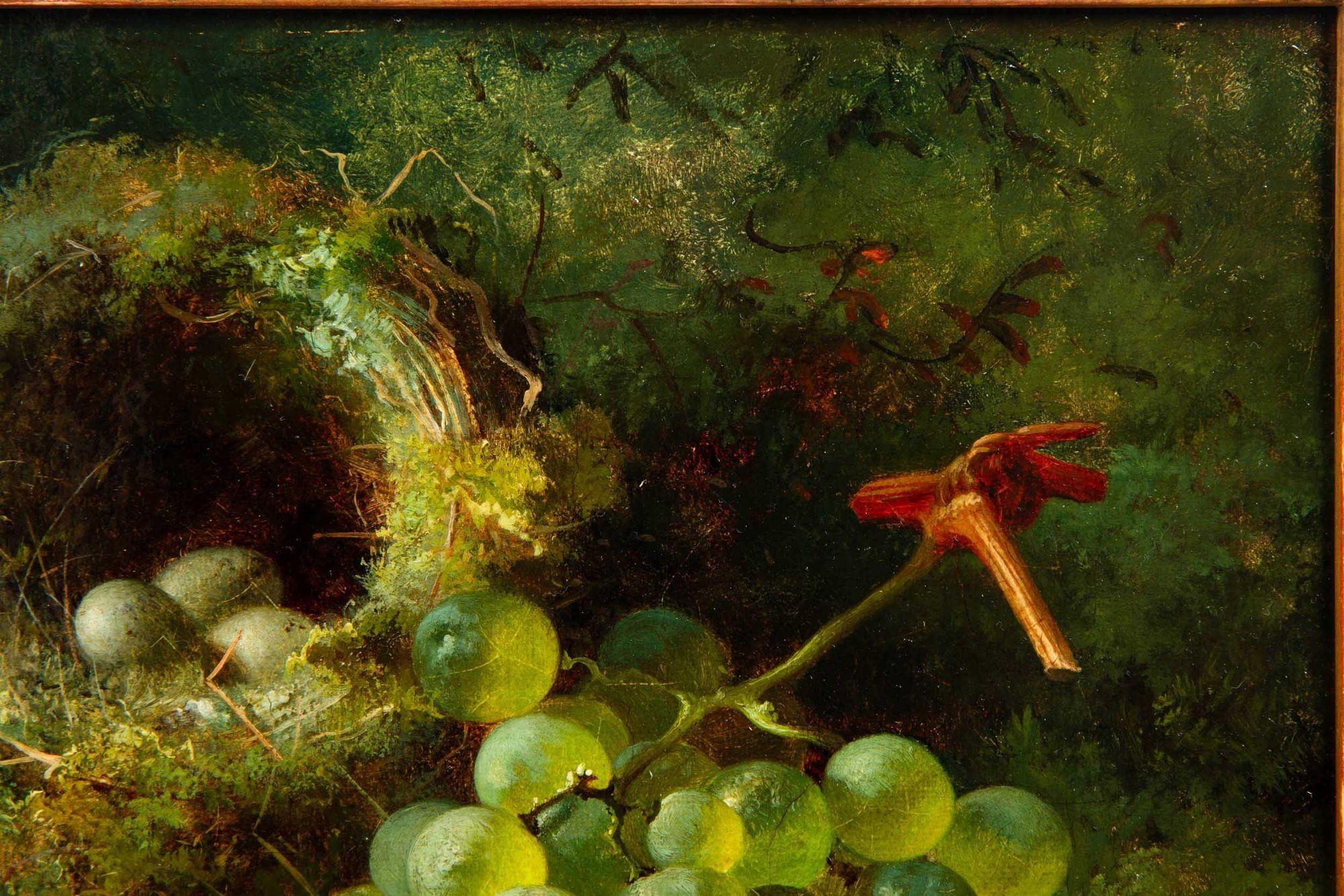 British English Antique 1869 Still-Life Oil Painting of Bird’s Nest w/ Fruit by G.Broome