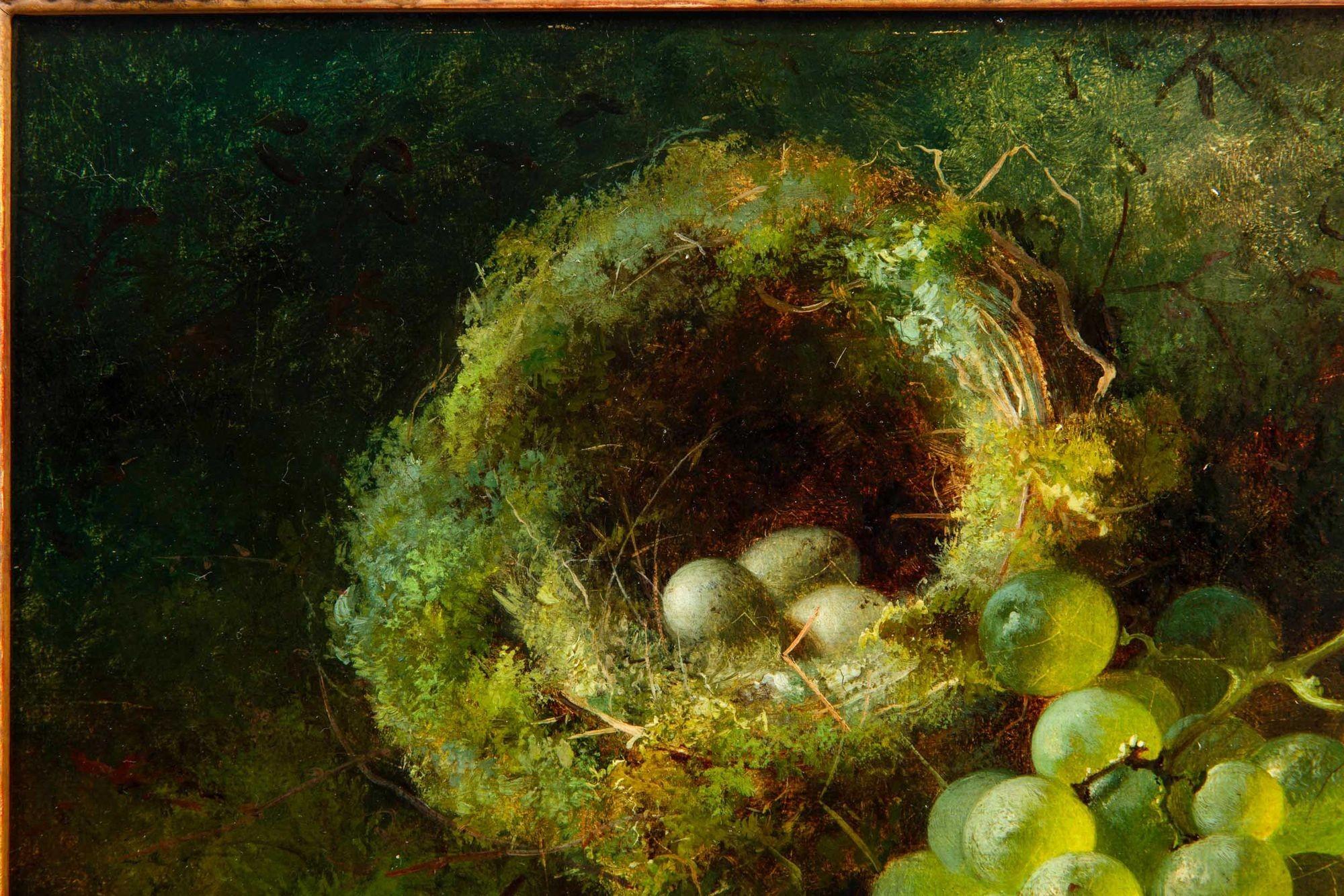 English Antique 1869 Still-Life Oil Painting of Bird’s Nest w/ Fruit by G.Broome In Good Condition In Shippensburg, PA
