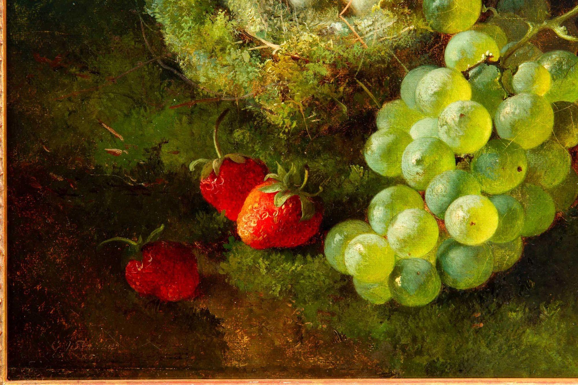 19th Century English Antique 1869 Still-Life Oil Painting of Bird’s Nest w/ Fruit by G.Broome