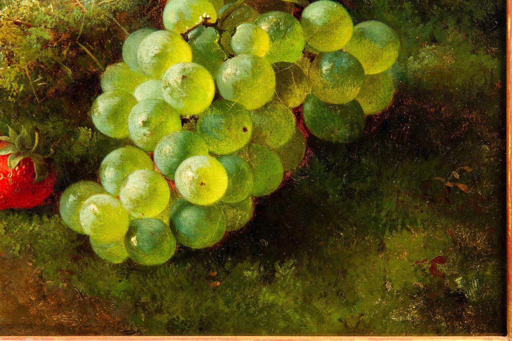 Canvas English Antique 1869 Still-Life Oil Painting of Bird’s Nest w/ Fruit by G.Broome