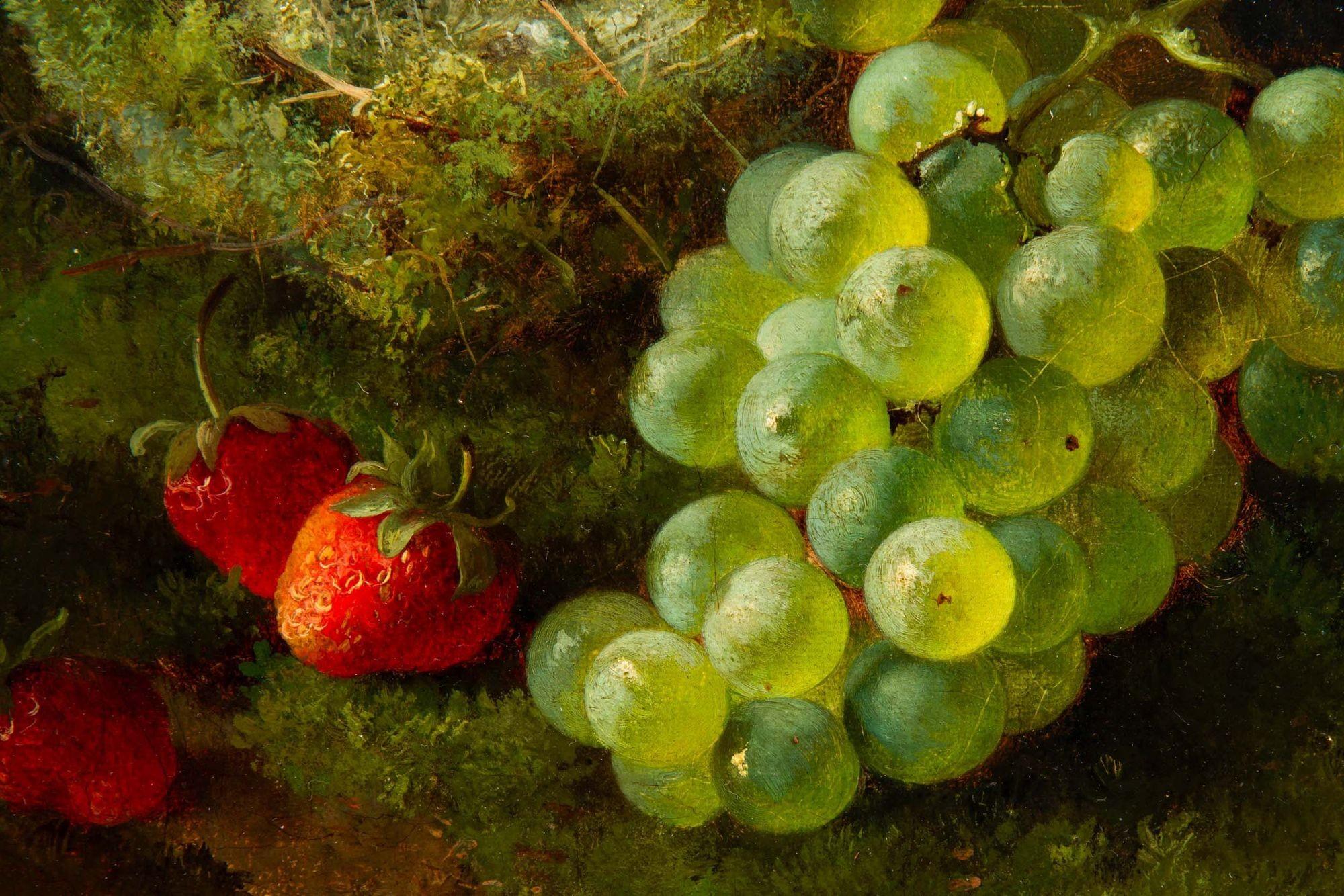 English Antique 1869 Still-Life Oil Painting of Bird’s Nest w/ Fruit by G.Broome 1