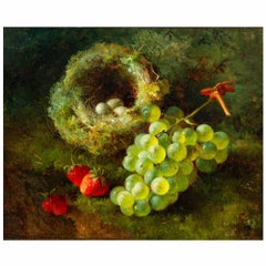 English Antique 1869 Still-Life Oil Painting of Bird’s Nest w/ Fruit by G.Broome