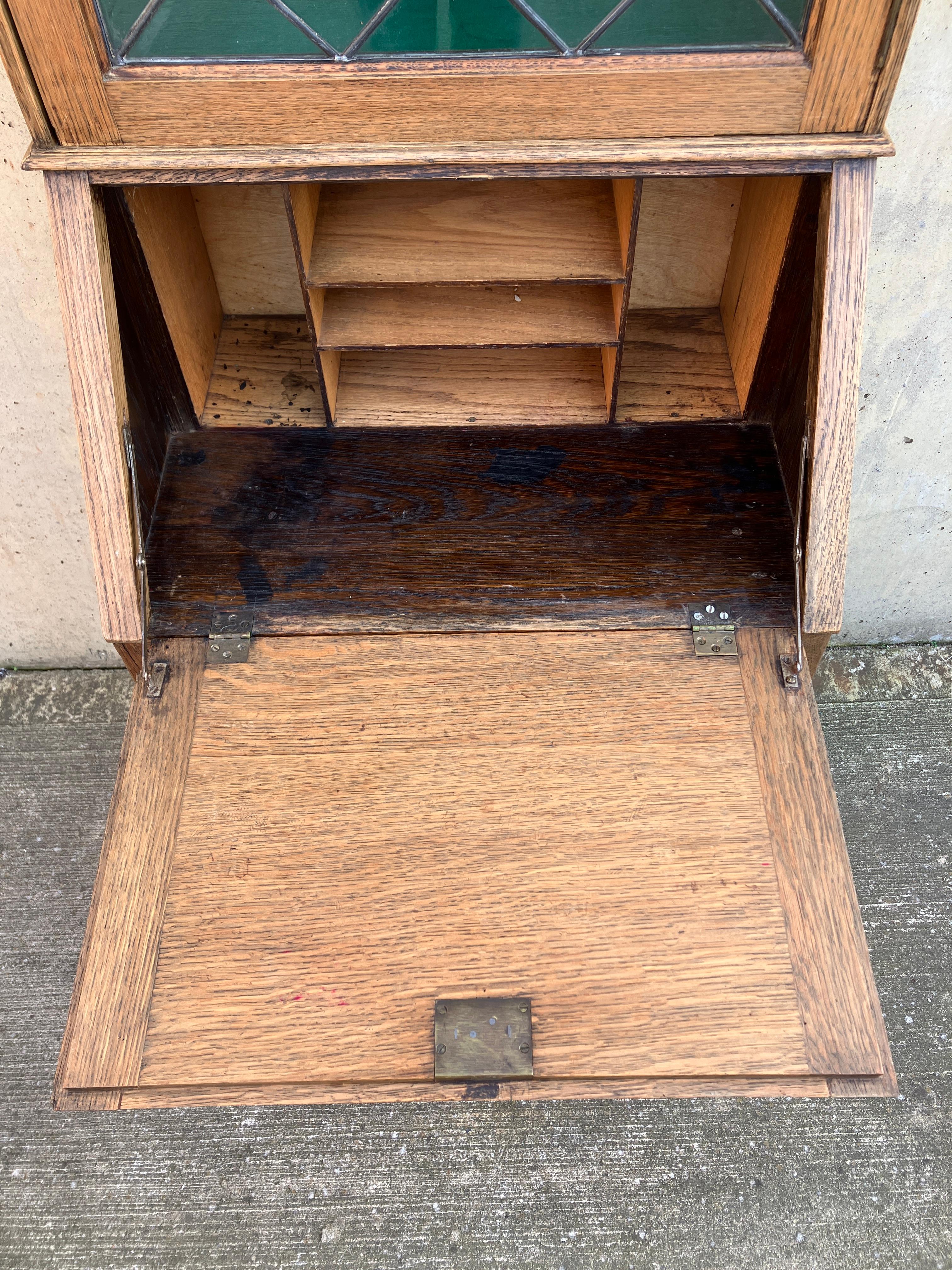 English Antique 1930's Oak Bureau Cabinet with Glass Vitrine and Drawers For Sale 5