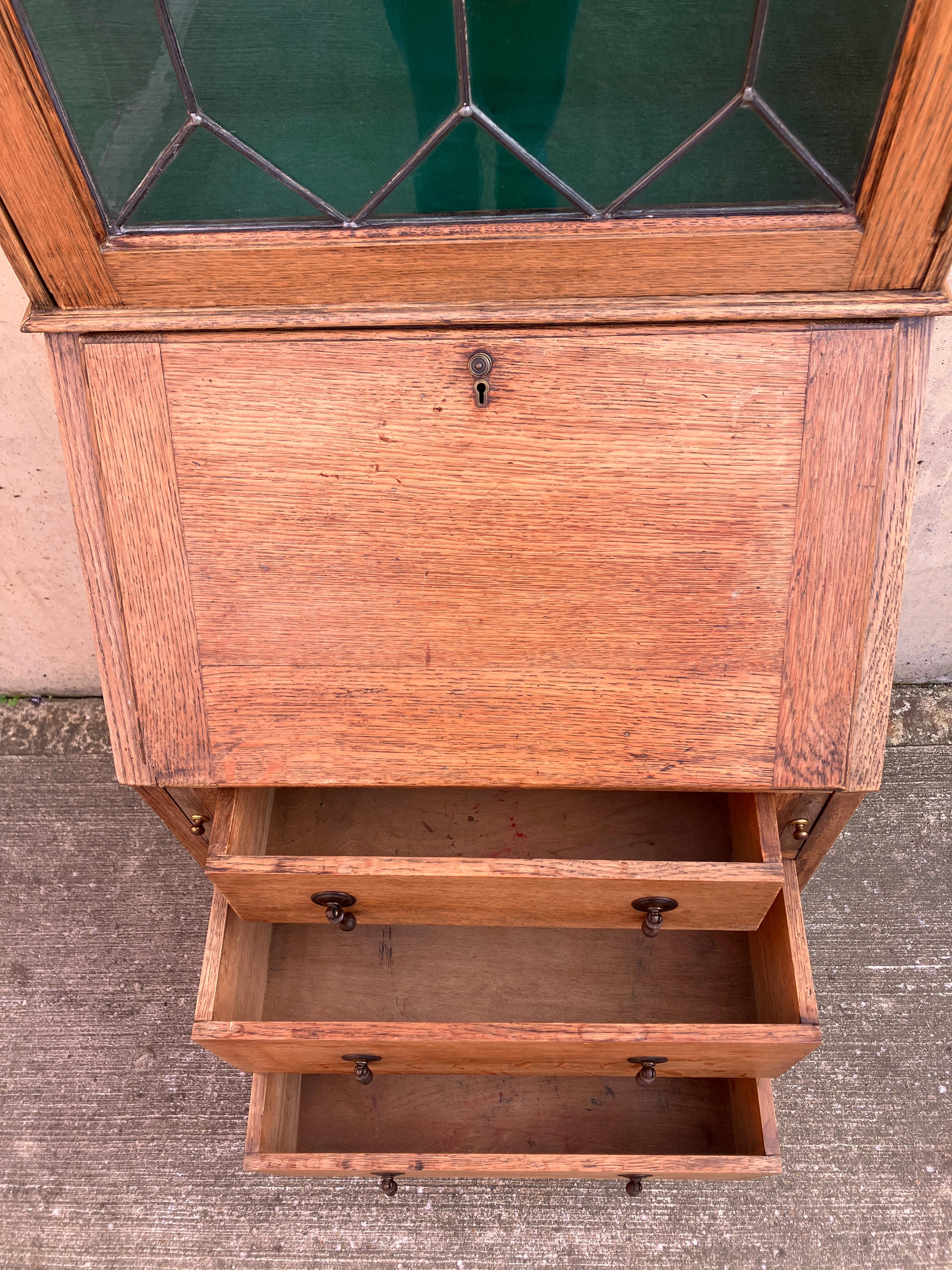 English Antique 1930's Oak Bureau Cabinet with Glass Vitrine and Drawers For Sale 7