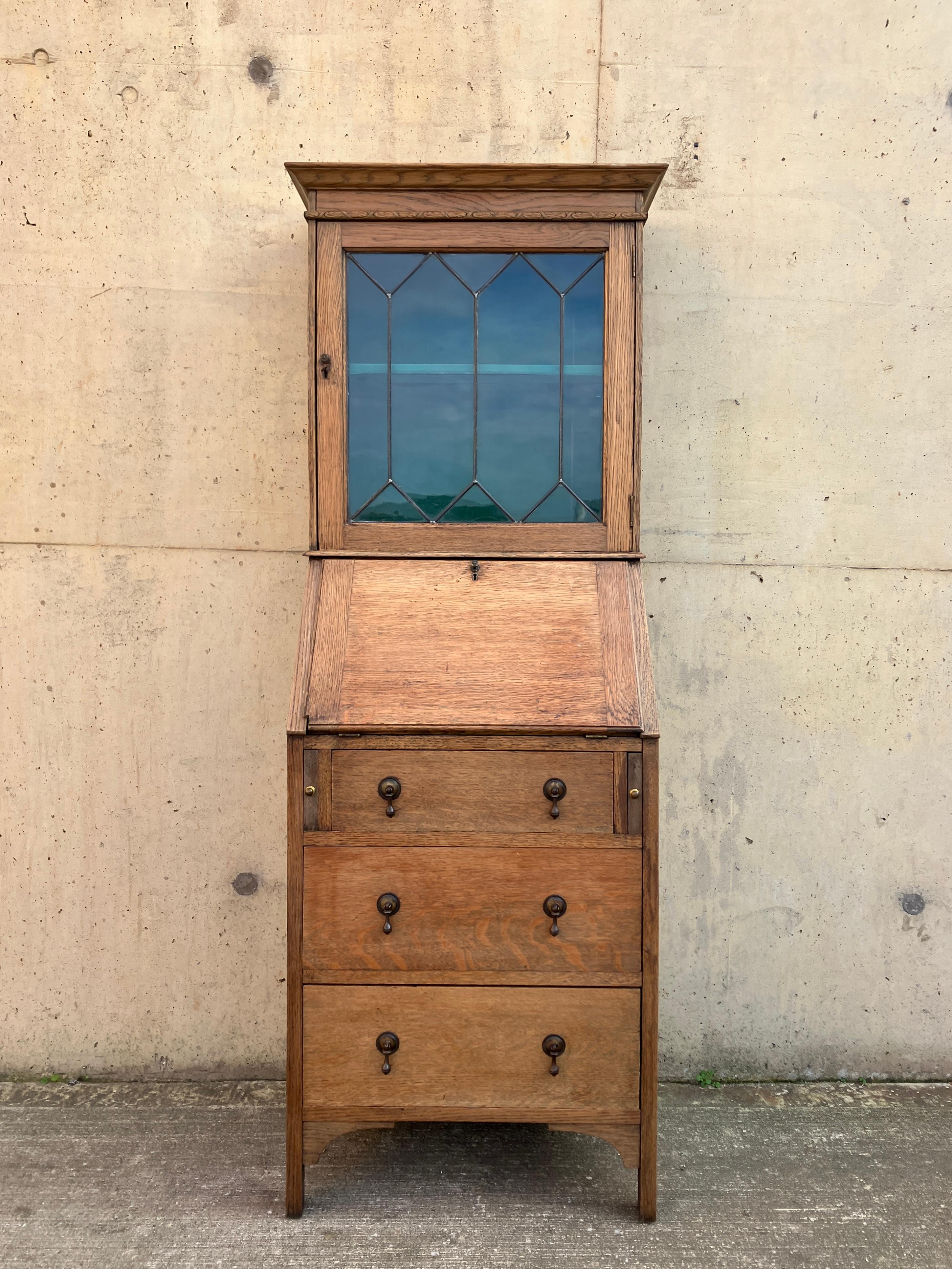 Arts and Crafts English Antique 1930's Oak Bureau Cabinet with Glass Vitrine and Drawers For Sale