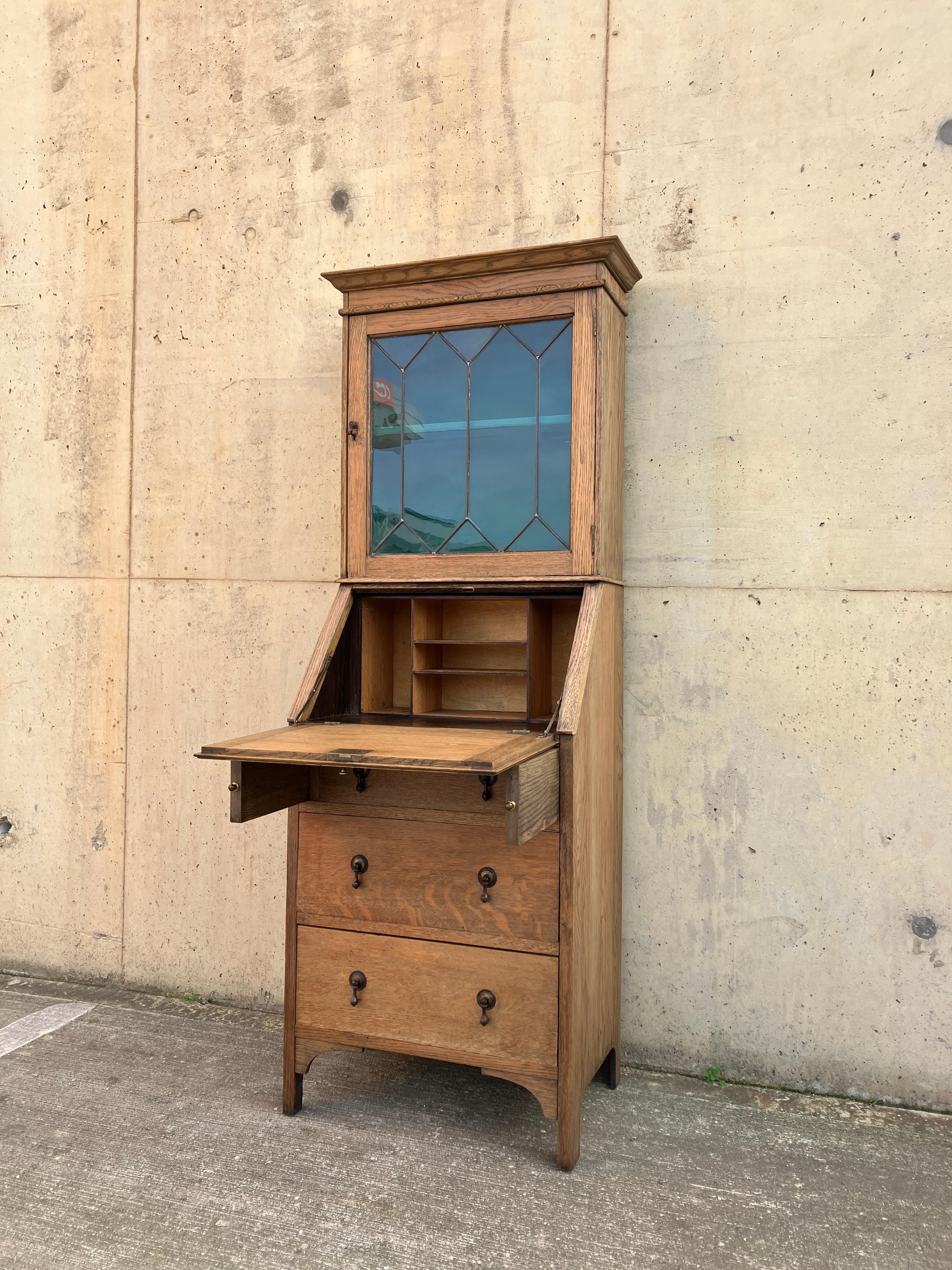 British English Antique 1930's Oak Bureau Cabinet with Glass Vitrine and Drawers For Sale
