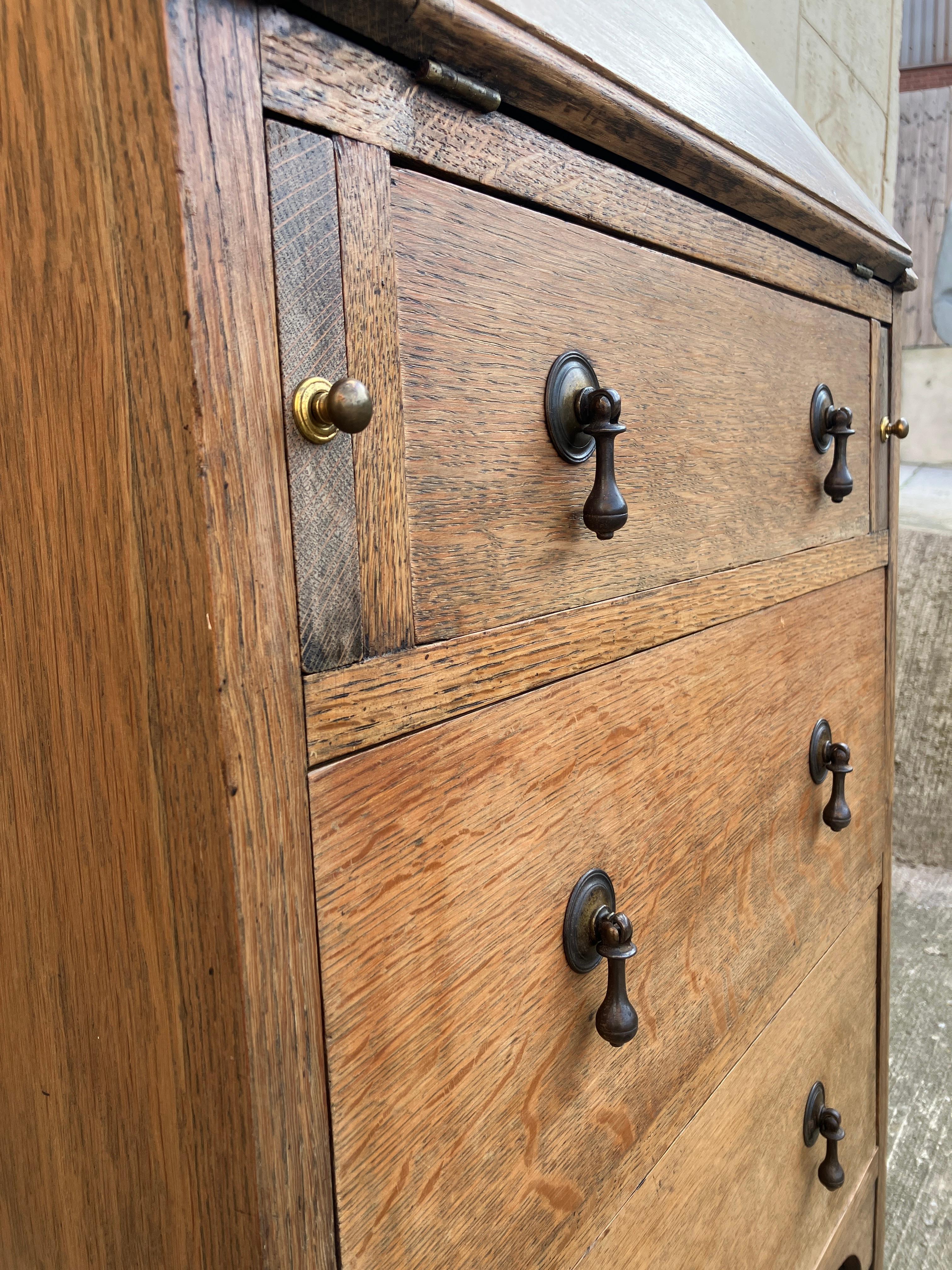 Mid-20th Century English Antique 1930's Oak Bureau Cabinet with Glass Vitrine and Drawers For Sale