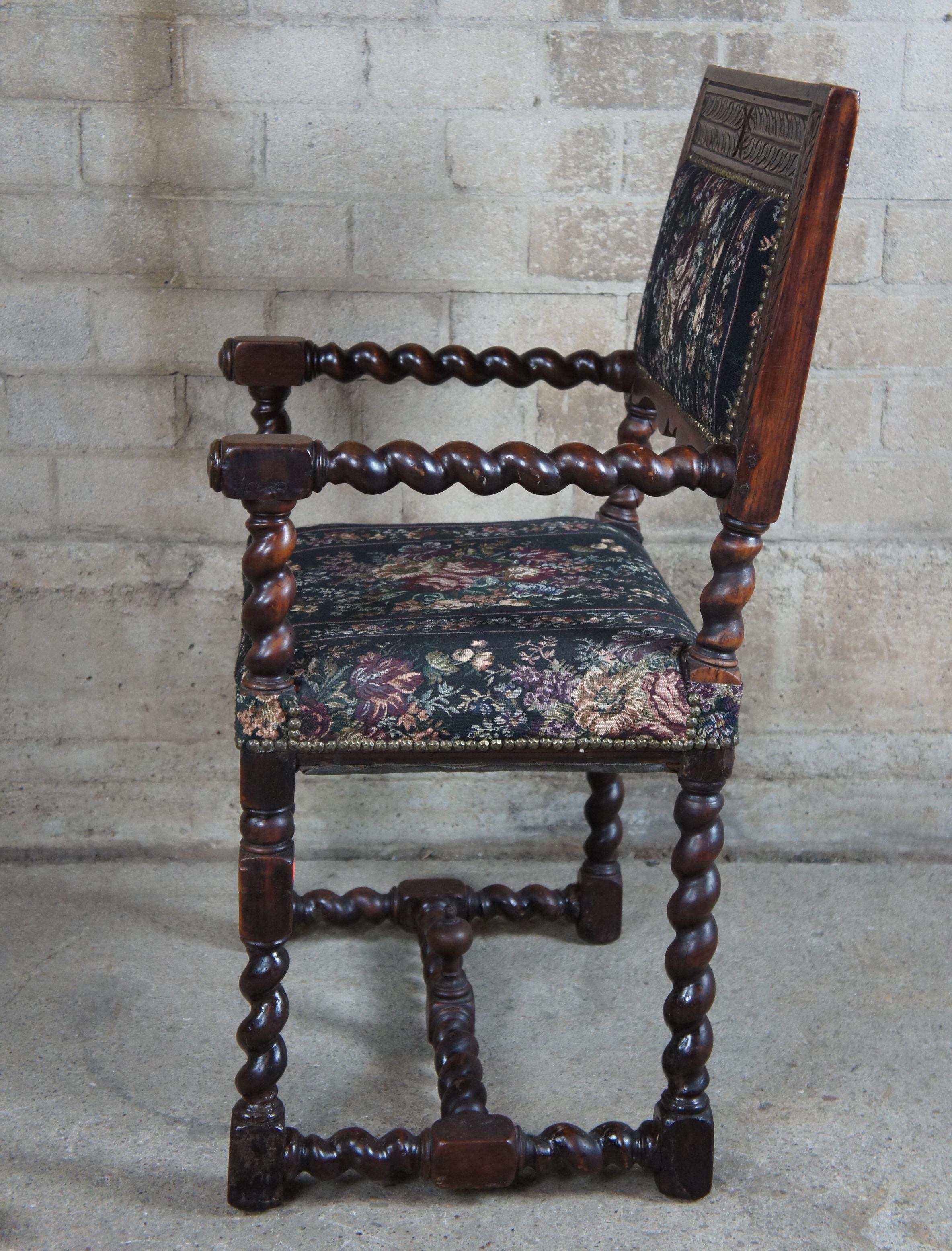English Antique 19th Century Oak Barley Twist Throne Chair Jacobean Renaissance 4