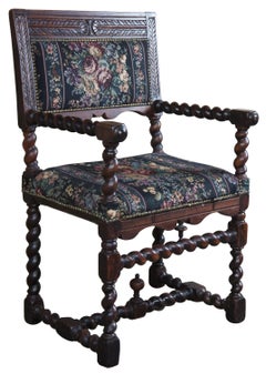 English Antique 19th Century Oak Barley Twist Throne Chair Jacobean Renaissance
