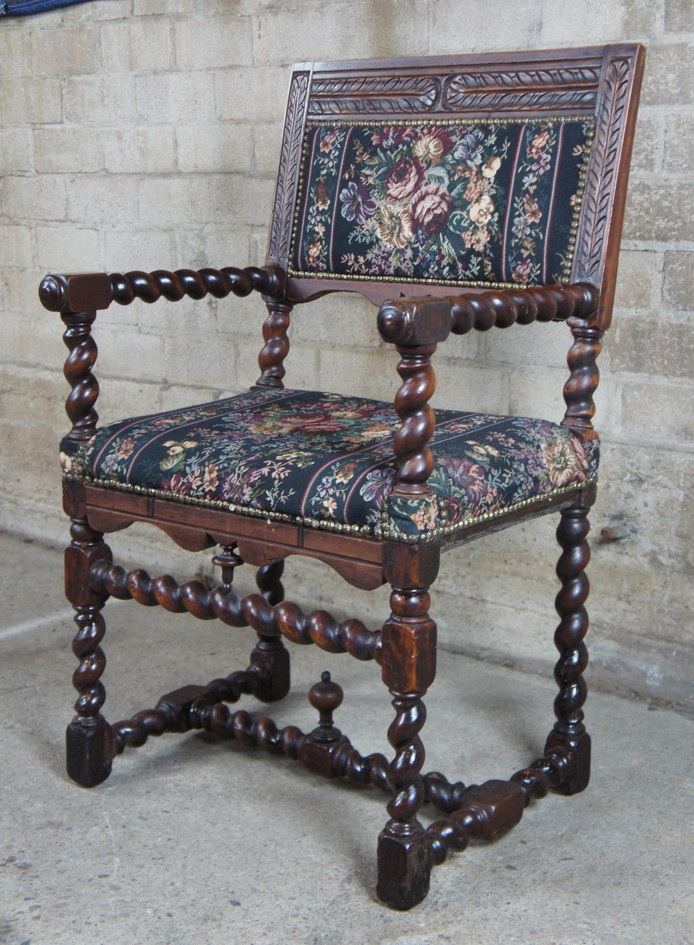 English Antique 19th Century Oak Barley Twist Throne Chair Jacobean Renaissance 3