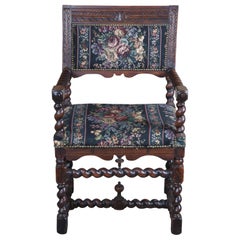 English Antique 19th Century Oak Barley Twist Throne Chair Jacobean Renaissance