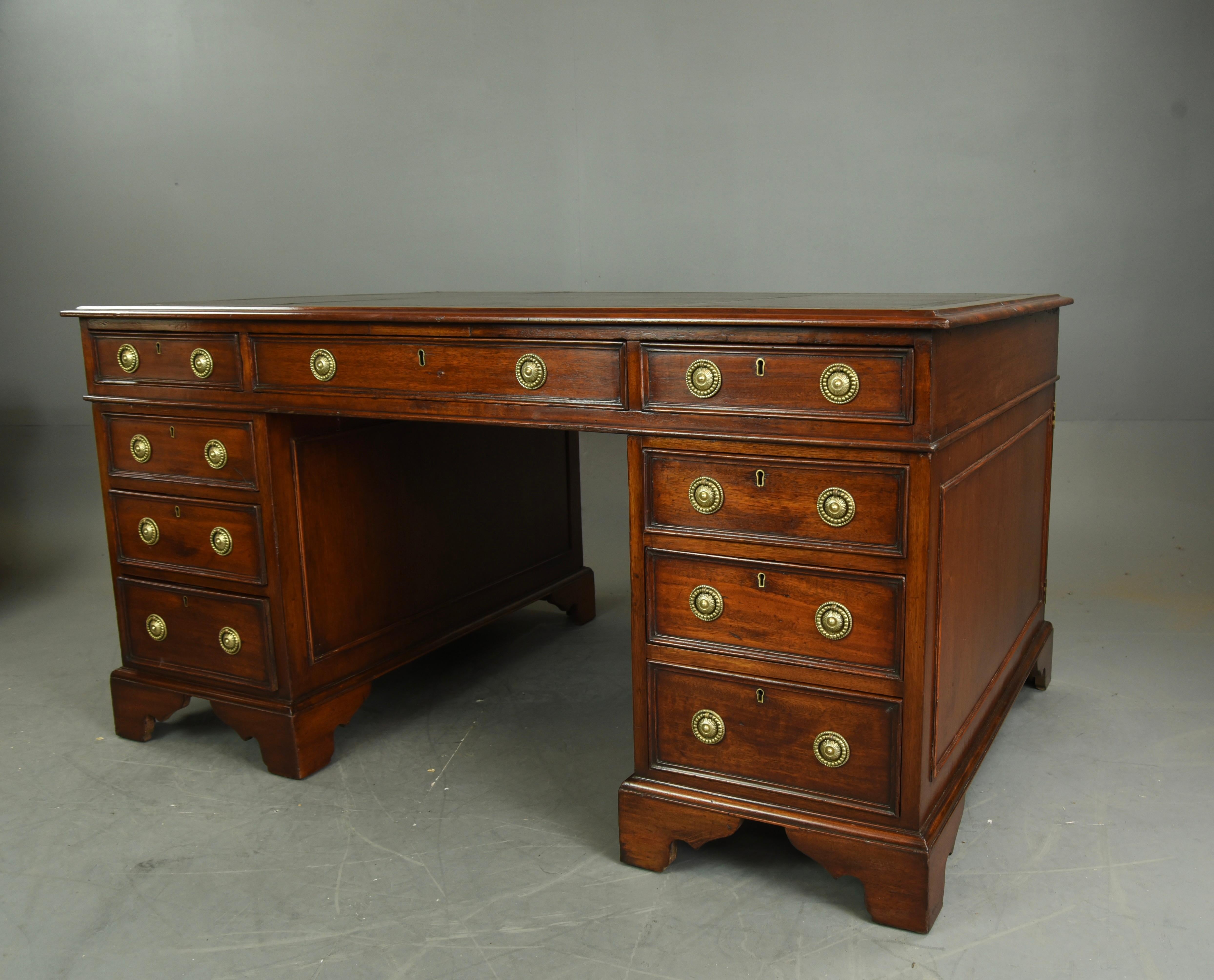 Fine Quality late Victorian partners desk in the Georgian style circa 1880 .
The desk has 9 drawers to one side with two cupboards and 3 drawers to the apposing side .
It is a great practical size with a large working surface 152 cm x 98 cm with a