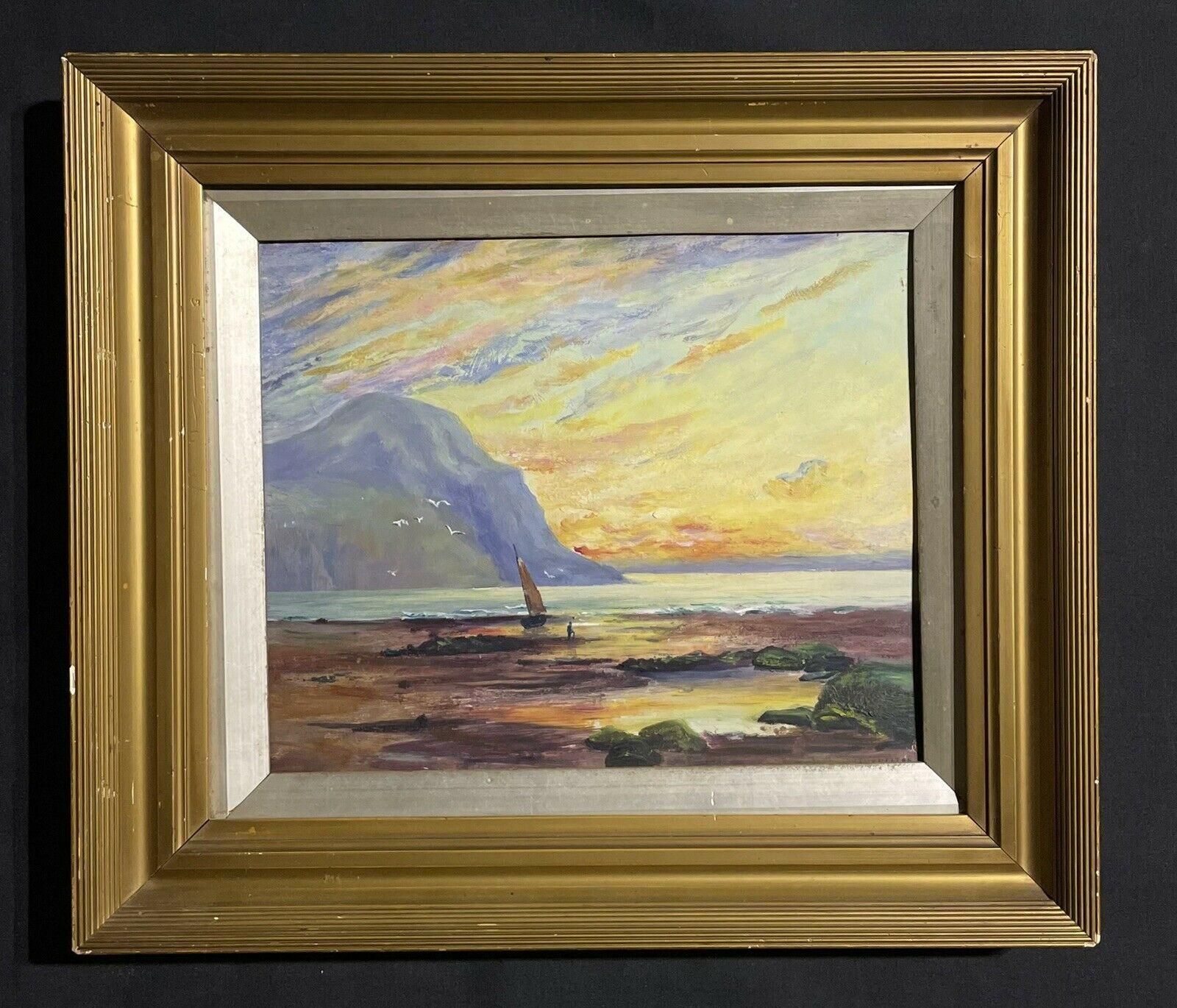 Antique English Marine Oil Painting, dated 1906, Sunset Rocky Coastline - Brown Landscape Painting by English Antique