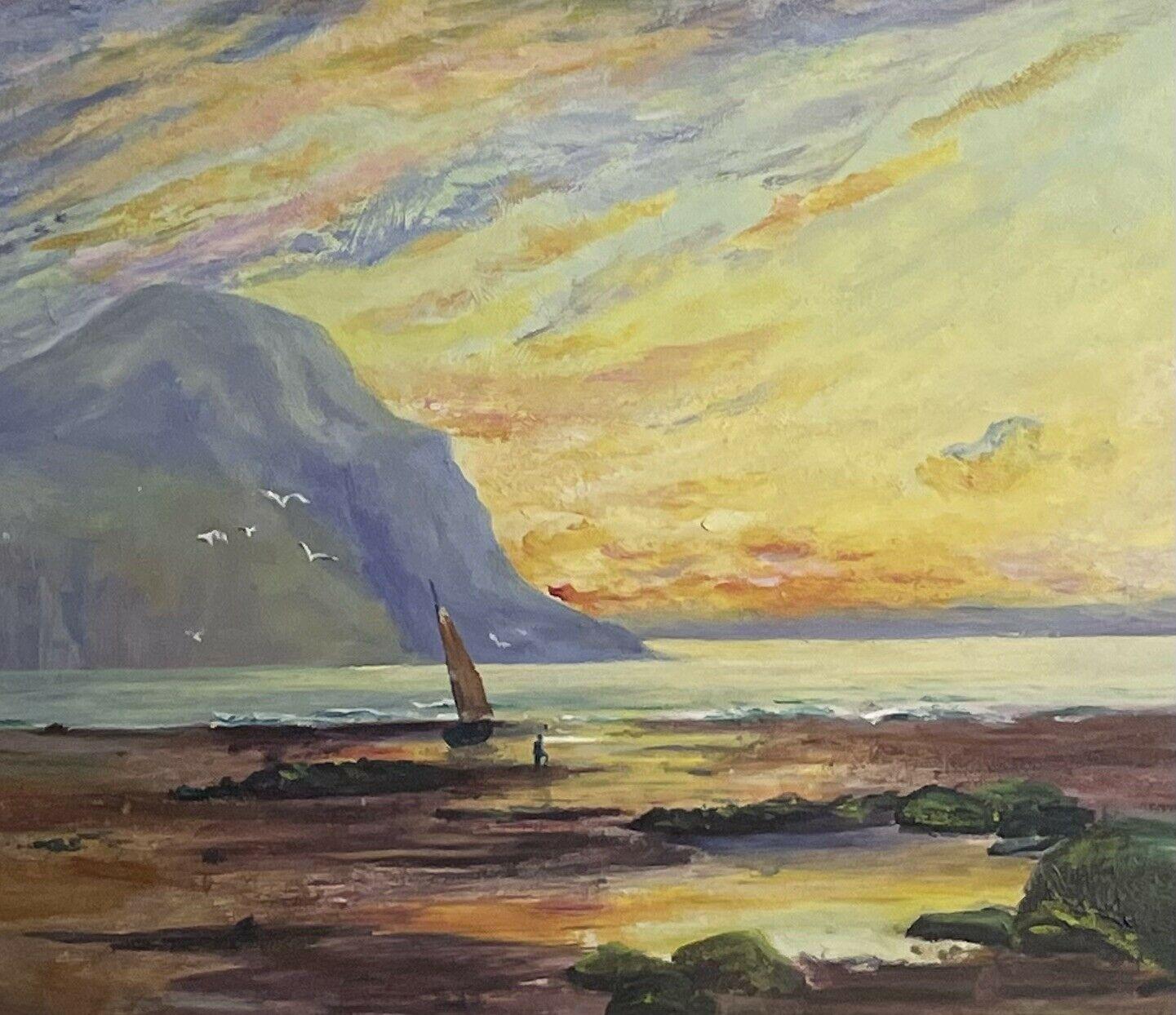 Artist/ School: British School, signed and dated verso, 1906

Title: Sunset on the Coast

Medium: oil painting on board, framed and inscribed verso.

framed:   9 x  11 inches
board:   5 x 7  inches

Provenance: private collection,