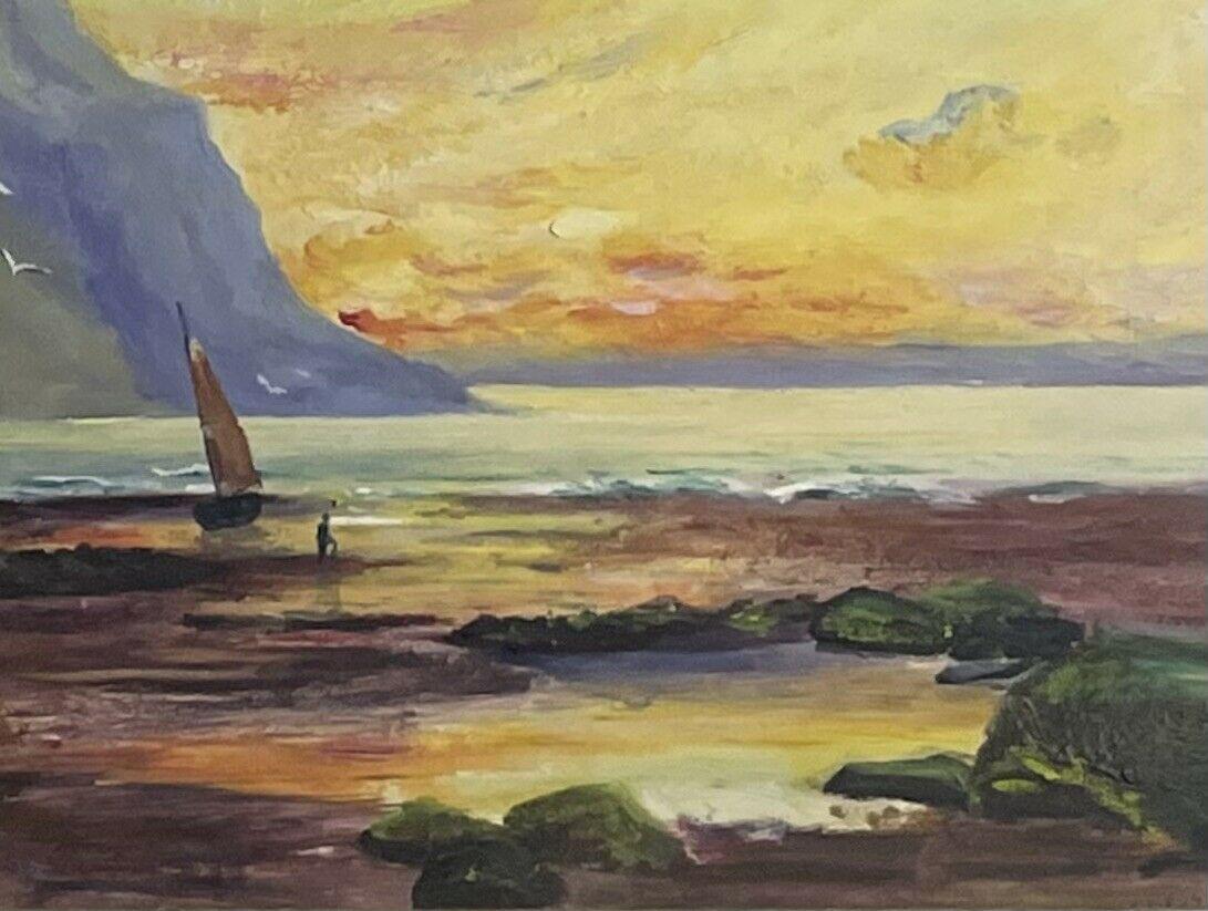English Antique Landscape Painting - Antique English Marine Oil Painting, dated 1906, Sunset Rocky Coastline