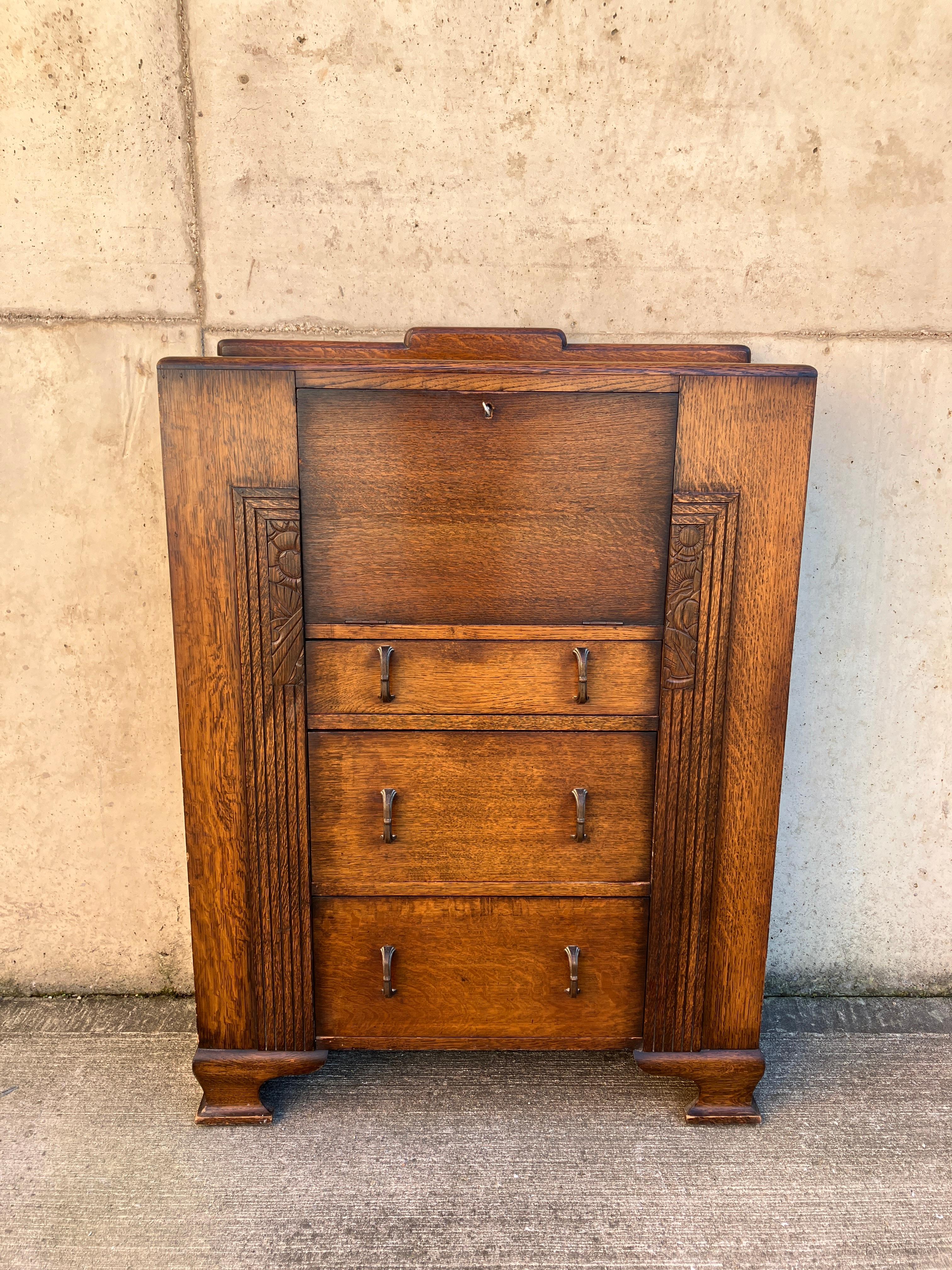 Britannique Antiquités anglaises Art Deco Bureau Secretaire Oak Cabinet en vente