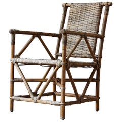 English Antique Bamboo Armchair with Double Sided Flat-Woven Rattan Seats