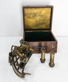 English Antique Brass Sextant Walnut Box with Spare Parts Henry Barrow, c 1880