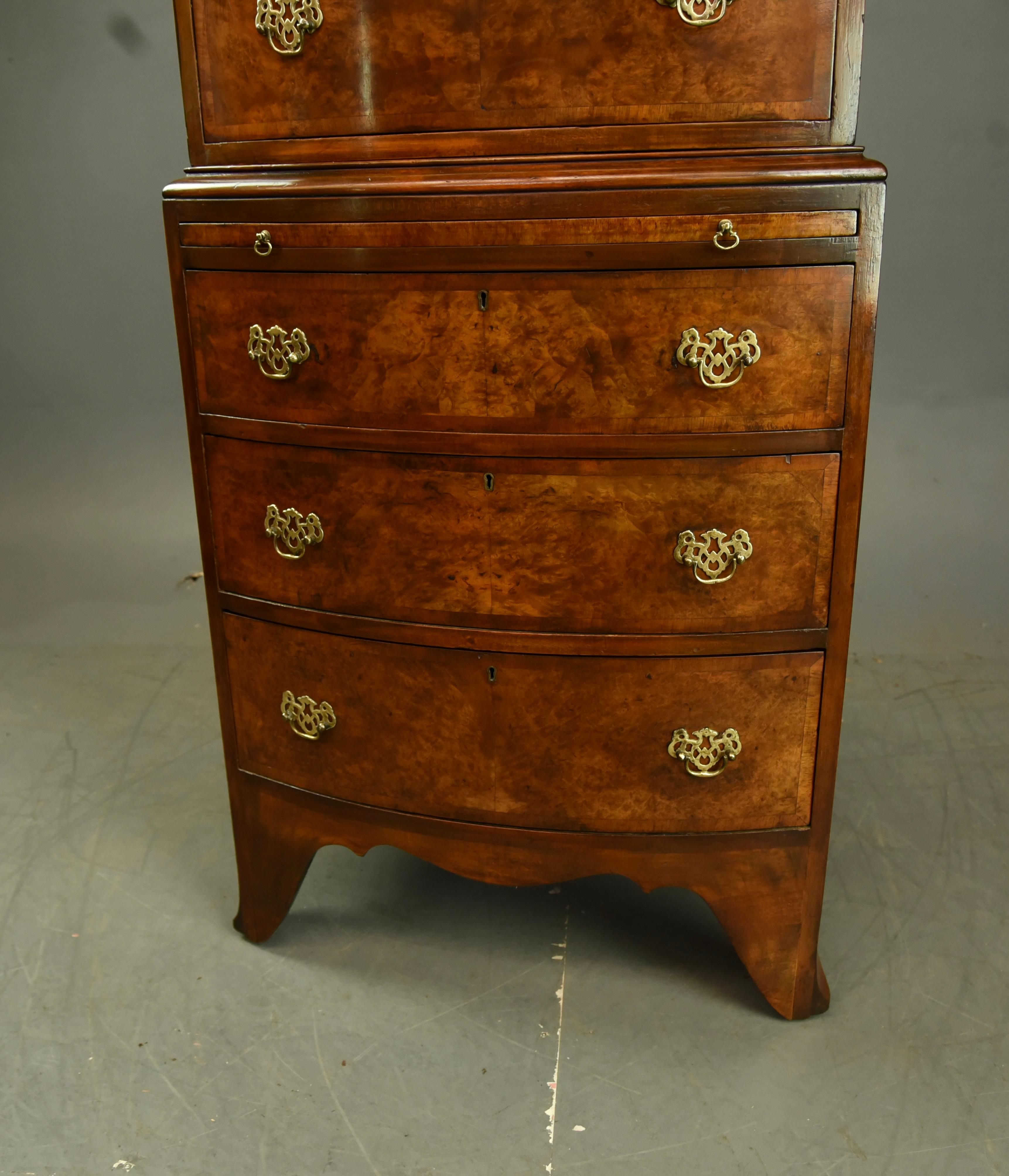 Georgian English Antique burr walnut bow front chest on chest tall boy