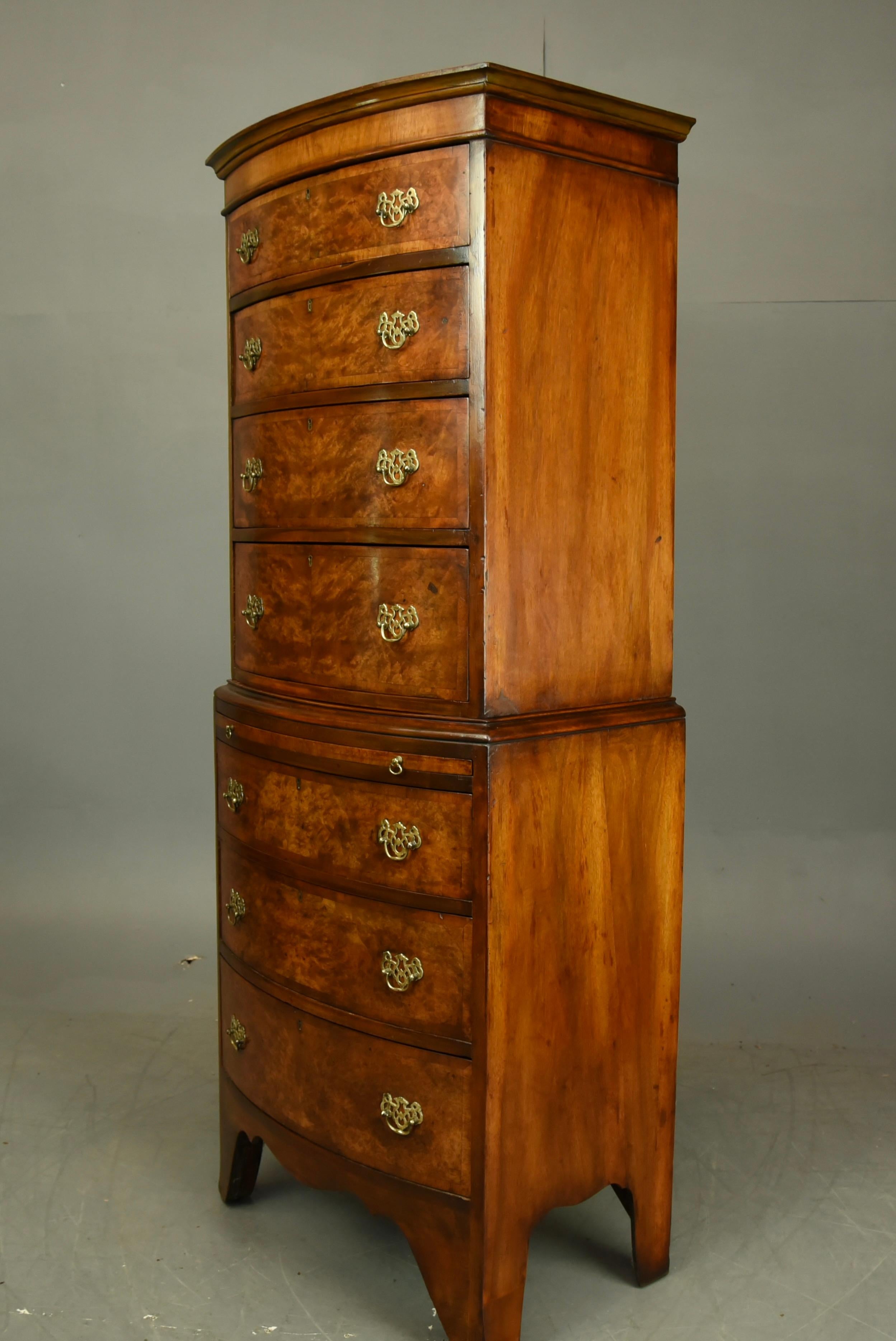 English Antique burr walnut bow front chest on chest tall boy In Good Condition In Chelmsford, GB