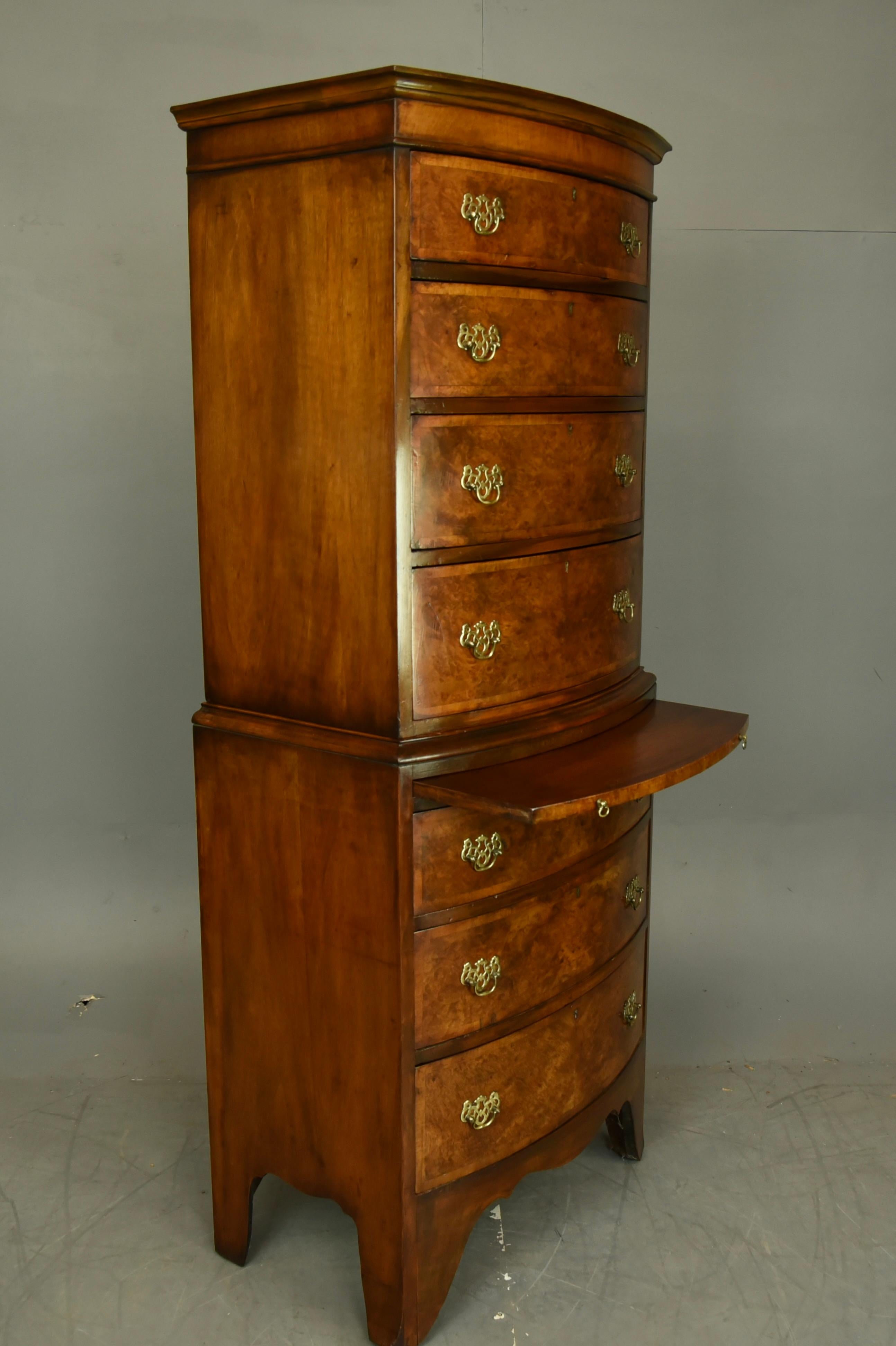 Early 20th Century English Antique burr walnut bow front chest on chest tall boy