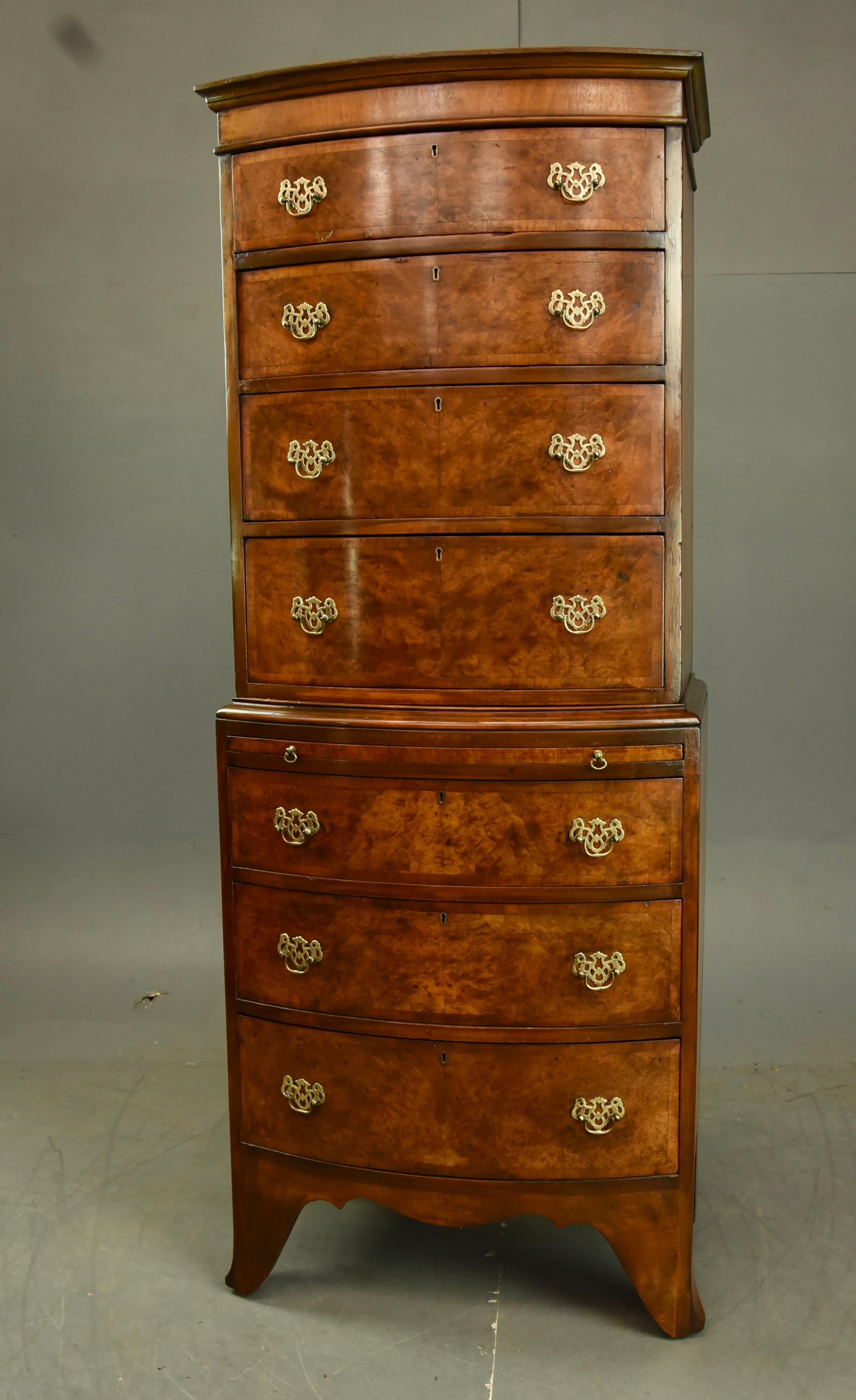 English Antique burr walnut bow front chest on chest tall boy 1