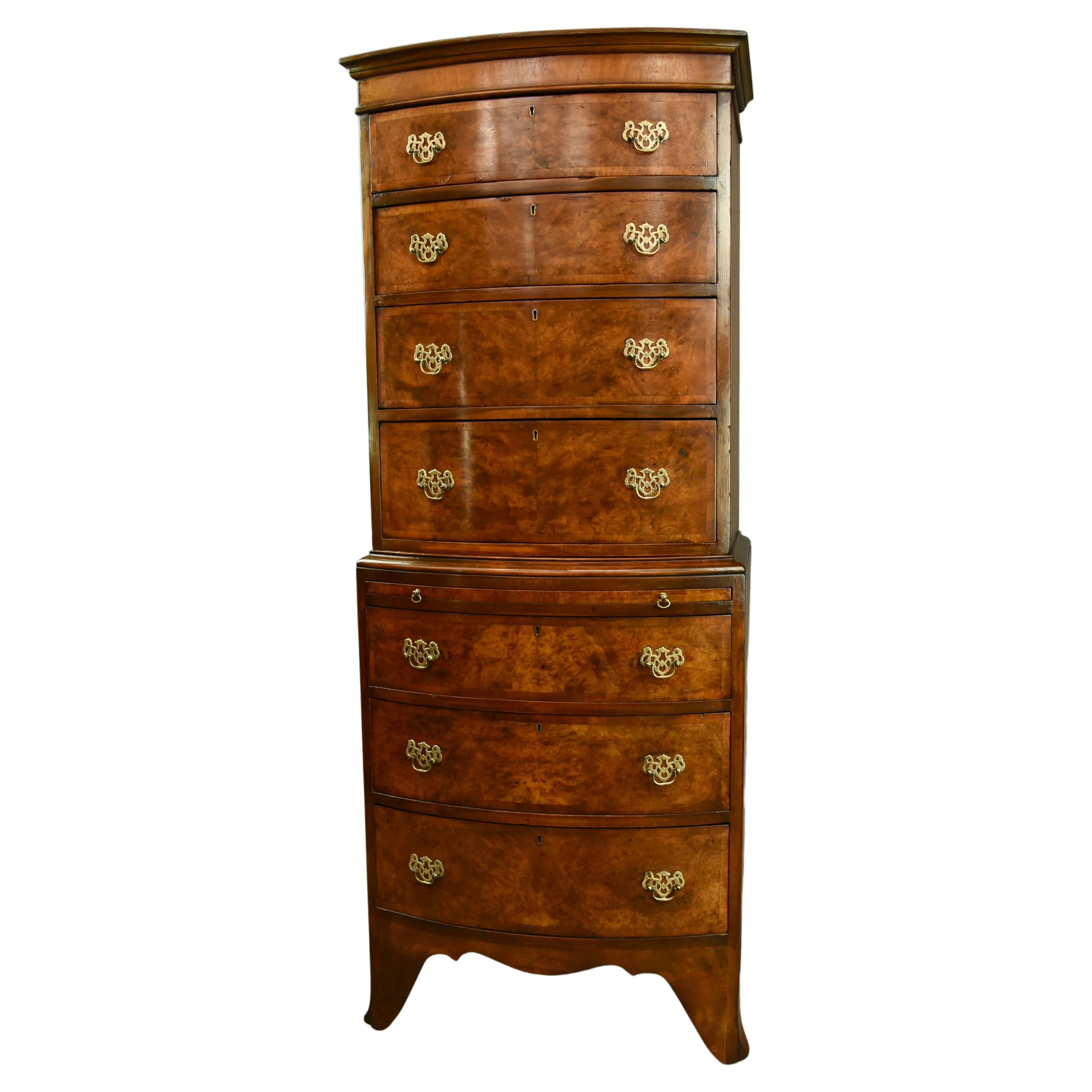 English Antique burr walnut bow front chest on chest tall boy