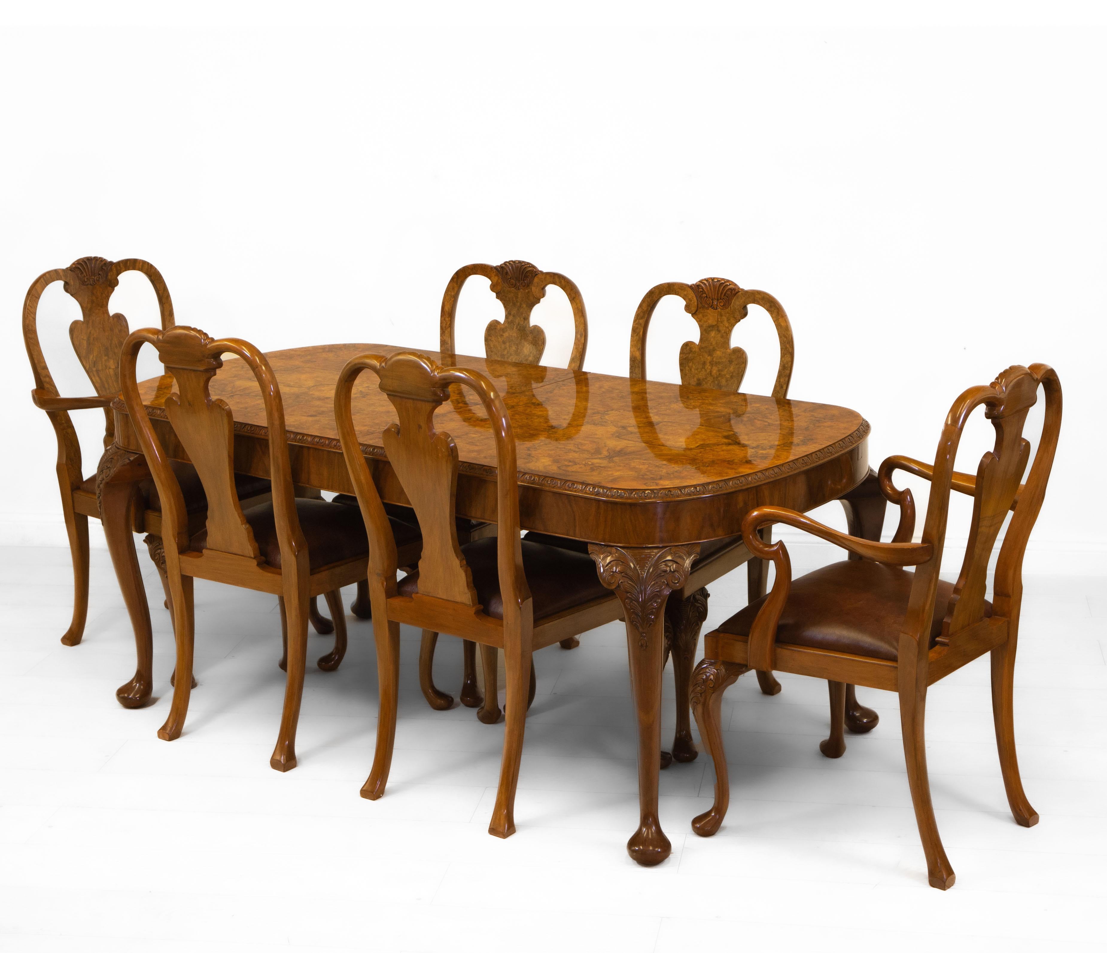 English Antique Burr Walnut Queen Anne Style Dining Table and Six Chairs 1930s 8