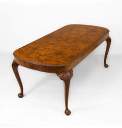 English Antique Burr Walnut Queen Anne Style Dining Table and Six Chairs 1930s