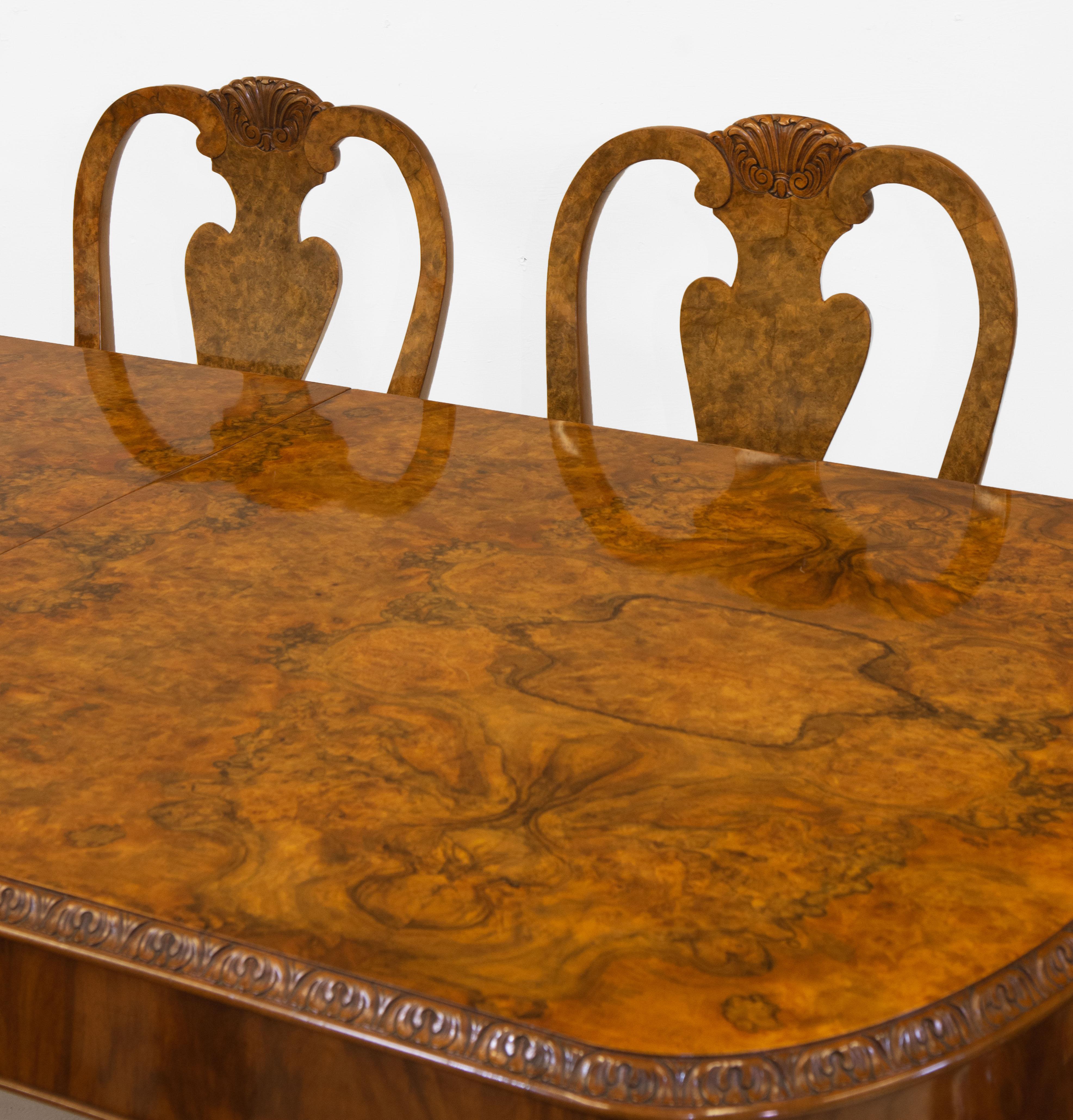 Hand-Carved English Antique Burr Walnut Queen Anne Style Dining Table and Six Chairs 1930s