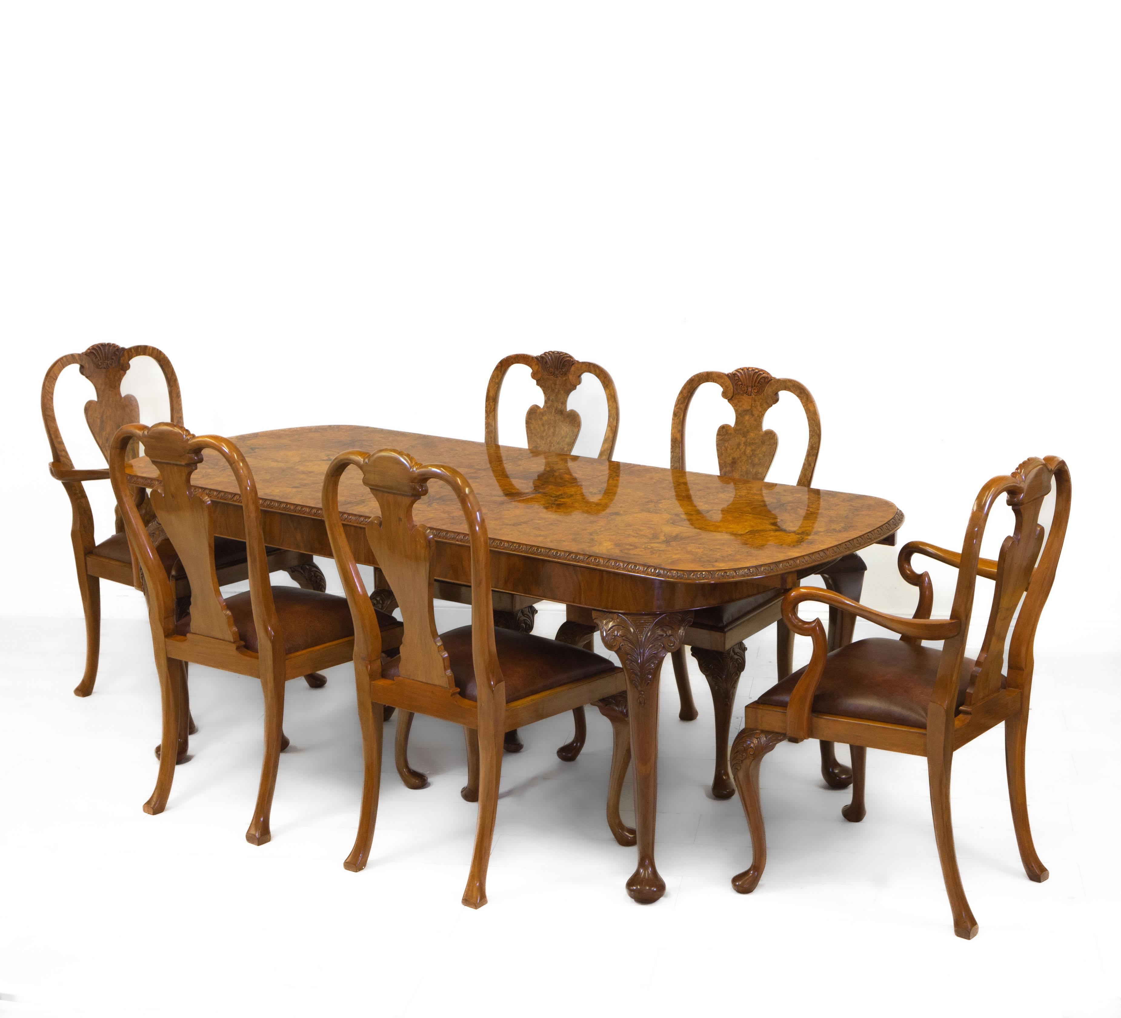 English Antique Burr Walnut Queen Anne Style Dining Table and Six Chairs 1930s In Good Condition In Norwich, GB