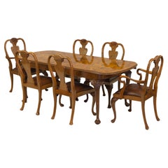English Antique Burr Walnut Queen Anne Style Dining Table and Six Chairs 1930s