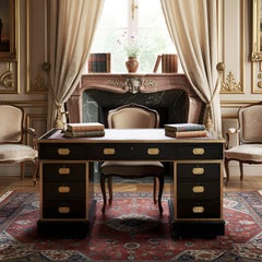 English Antique Campaign Ebonized Pedestal Desk, 19th Century