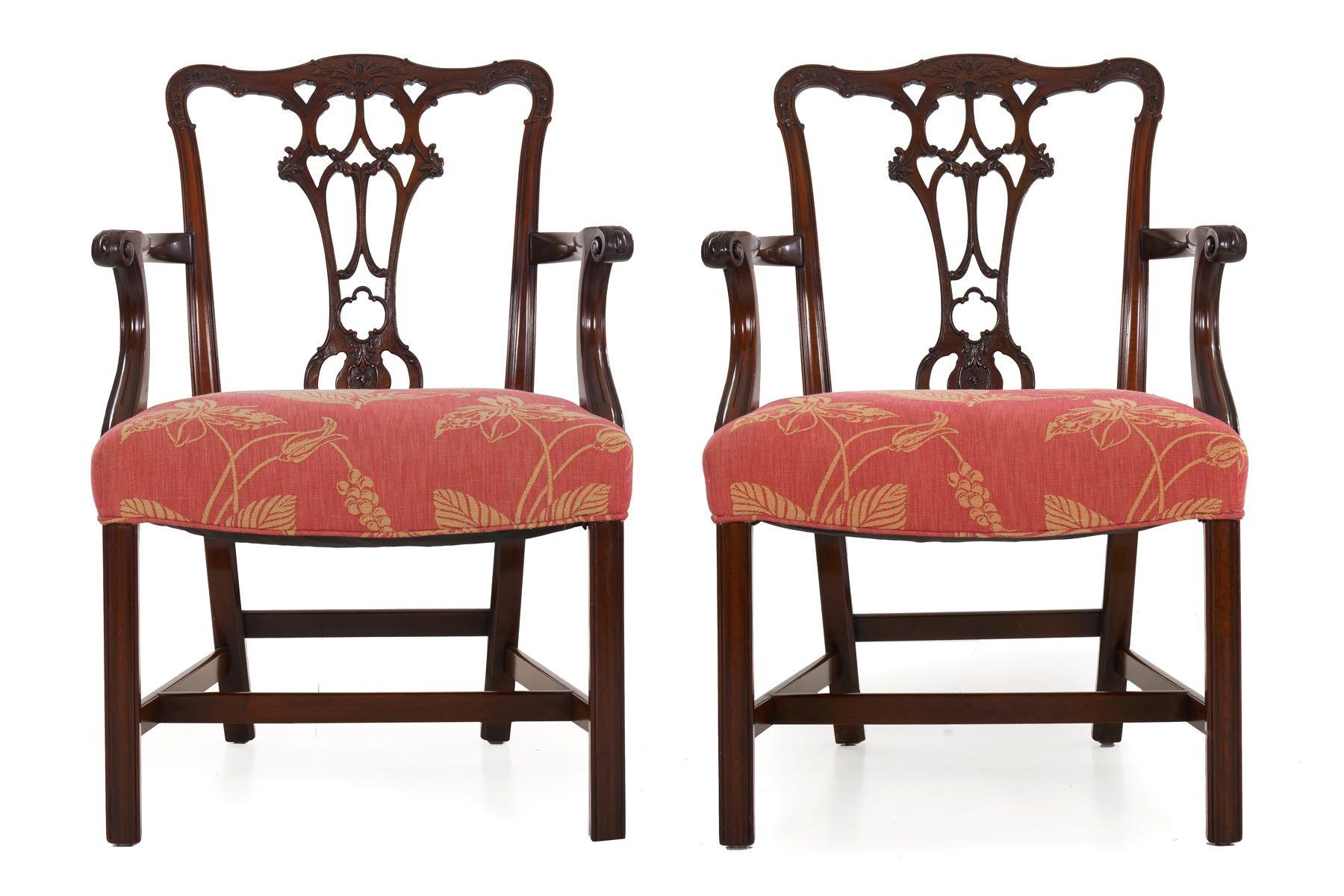 George III style carved mahogany set of six dining chairs
circa first half of the 20th century
Item # 009ZMO18Q 

A very finely carved mahogany set of dining chairs in the George III taste, they feature a robust pierced splat with intricate displays