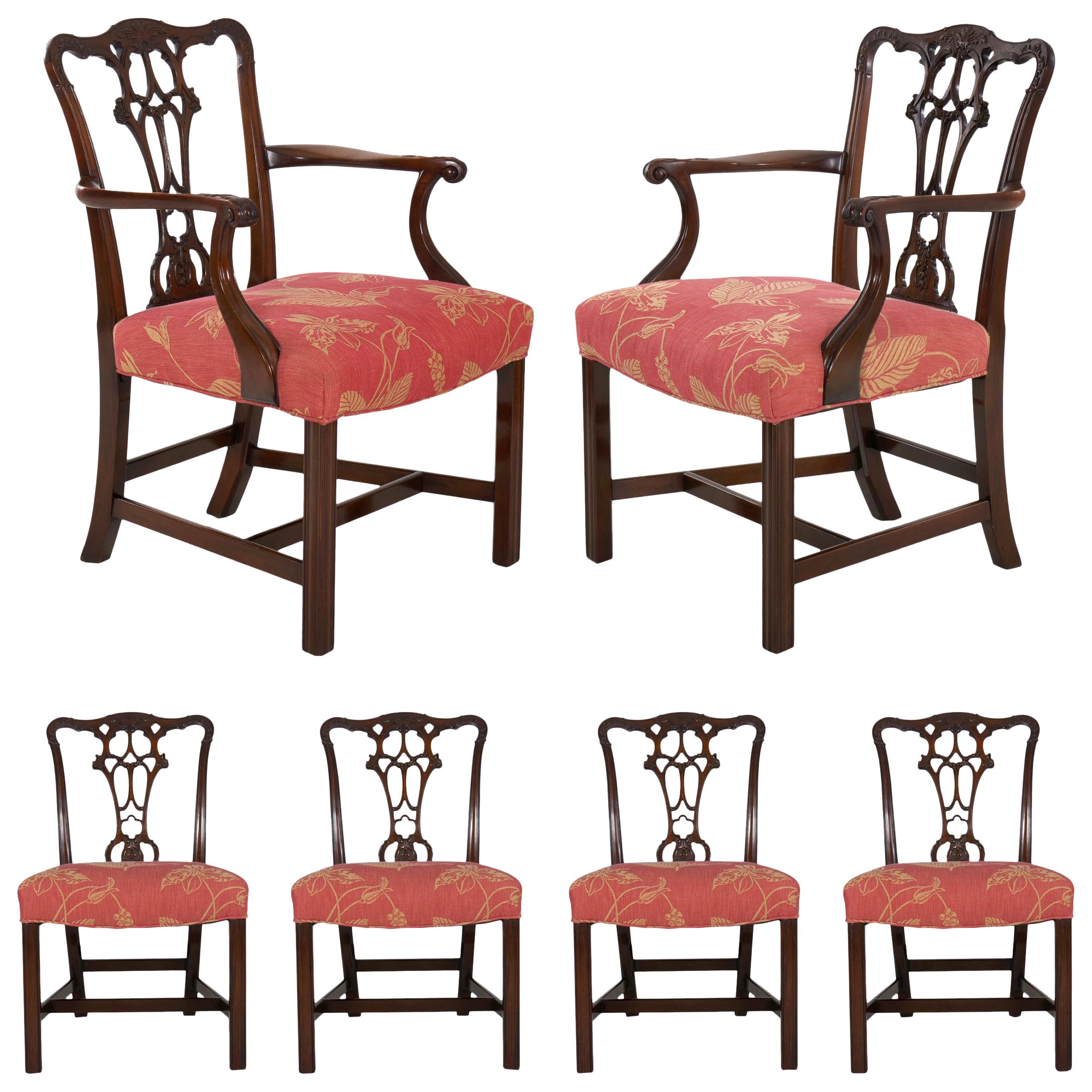 English Antique Carved Mahogany Dining Chairs, Set of 6