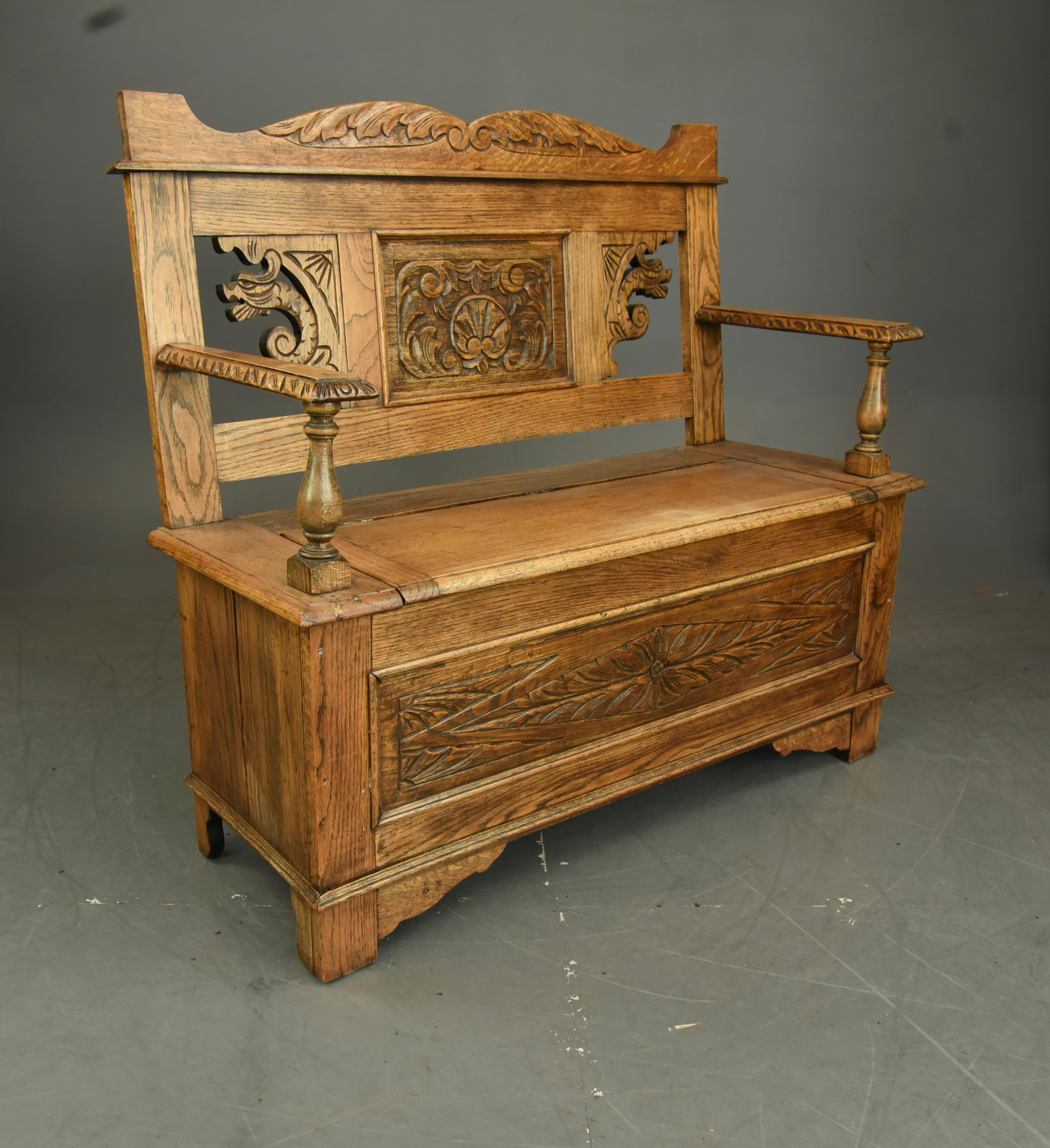 Hand-Carved English antique carved oak hall bench