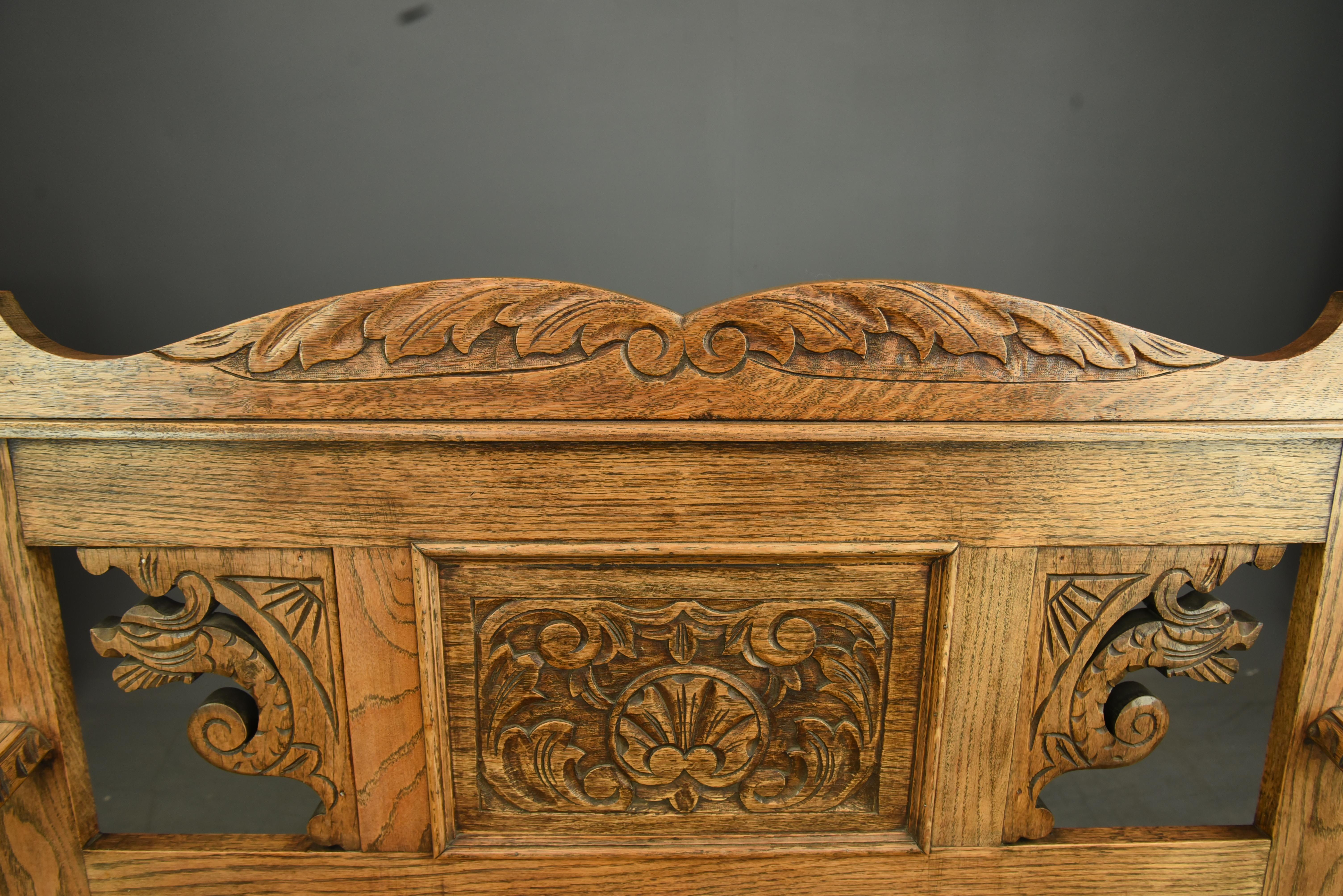 Oak English antique carved oak hall bench