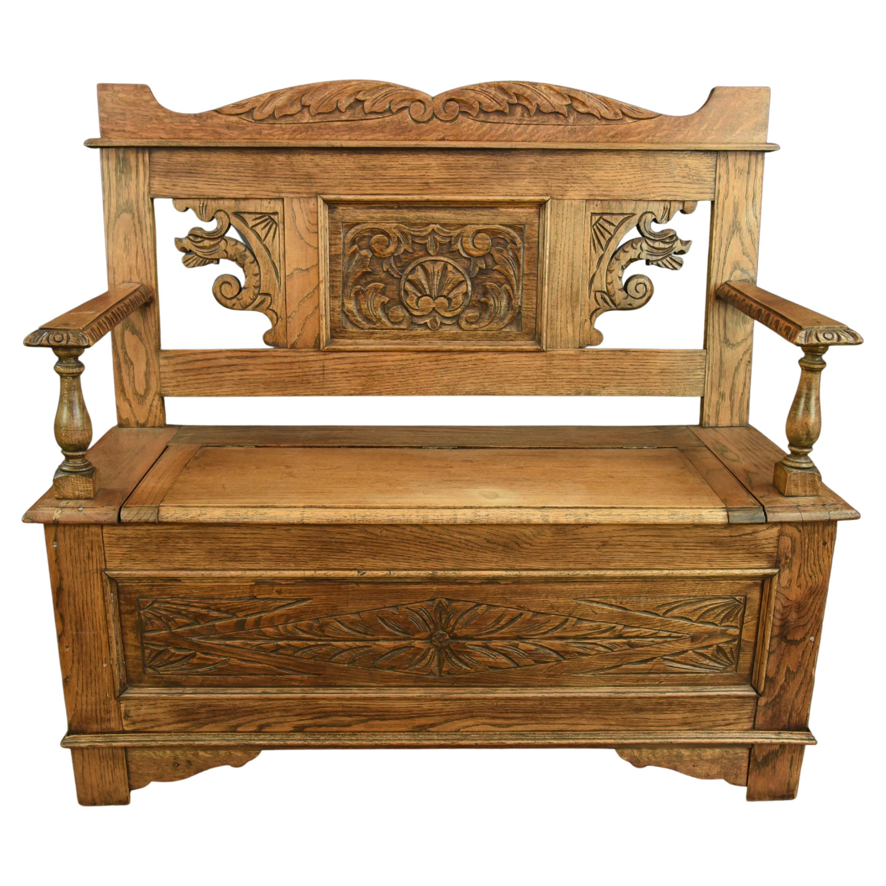 English antique carved oak hall bench