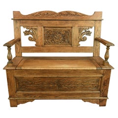 English Antique carved oak hall bench 