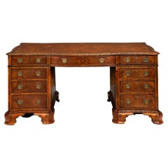 English Vintage Carved Walnut Leather-Top Pedestal Partner’s Desk